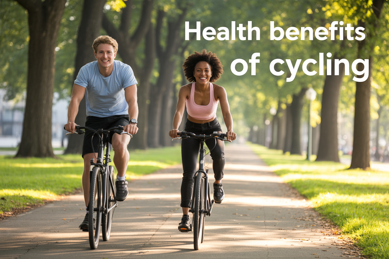 Create a realistic image of a diverse group showing a white male and black female cyclists in athletic wear riding modern bicycles on a scenic tree-lined path with dappled sunlight filtering through green foliage, both riders appearing energetic and healthy with bright smiles, surrounded by a peaceful park setting with soft natural lighting, including the text "Health Benefits of Cycling" overlaid in clean, modern typography in the upper portion of the image.