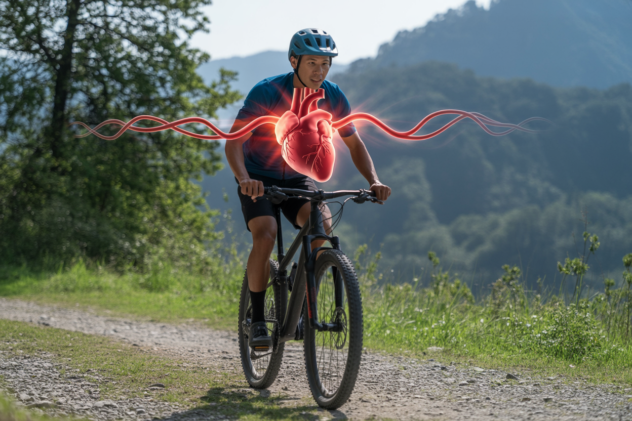 Create a realistic image of a fit Asian male cyclist in his 30s riding a mountain bike on a scenic outdoor trail, with a subtle overlay visualization of a healthy human heart with red flowing arteries and veins glowing softly near his chest area, surrounded by lush green trees and mountains in the background, bright natural daylight, the cyclist wearing a blue helmet and athletic gear, conveying energy and vitality, absolutely NO text should be in the scene.