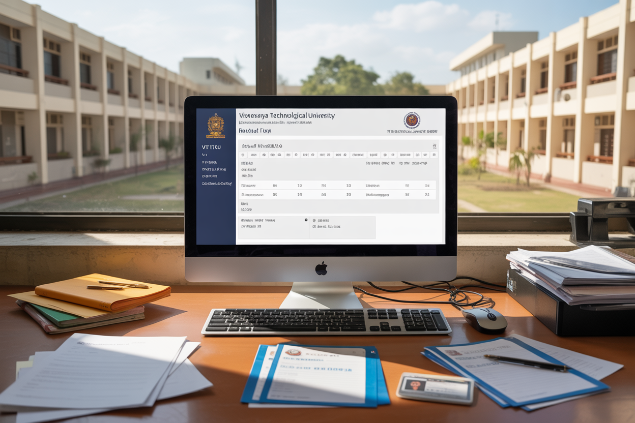 Create a realistic image of an Indian university campus setting with modern academic buildings in the background, featuring a close-up view of a computer screen displaying a university portal interface with VTU (Visvesvaraya Technological University) logo and result checking system layout, alongside academic documents, student ID cards, and official university paperwork scattered on a wooden desk, with soft natural lighting coming through a window, creating a professional educational atmosphere, Absolutely NO text should be in the scene.