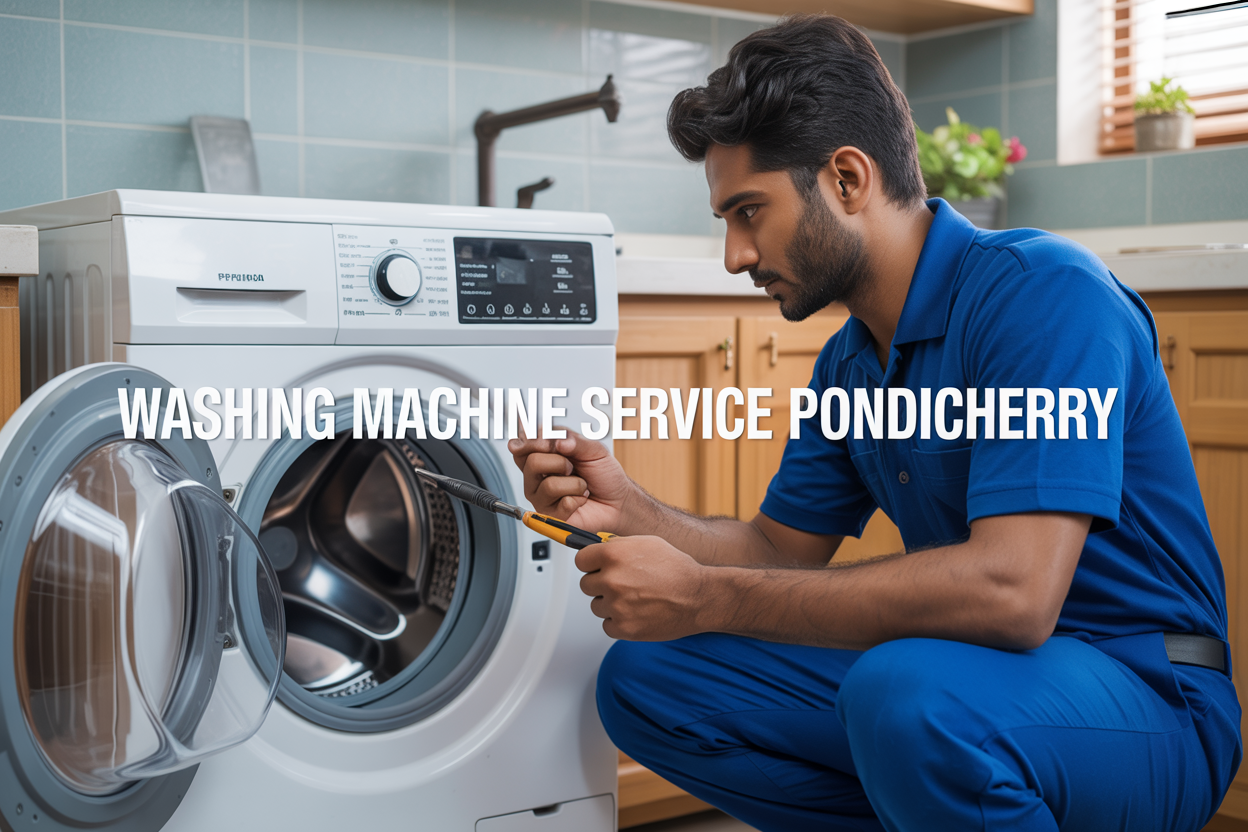 Create a realistic image of a professional South Asian male technician in blue work uniform kneeling beside an open front-loading washing machine, holding diagnostic tools while examining the machine's interior, with a modern Indian home laundry room background featuring tiled walls and natural lighting from a window, include the text "Washing Machine Service in Pondicherry" prominently displayed in bold letters across the top portion of the image.