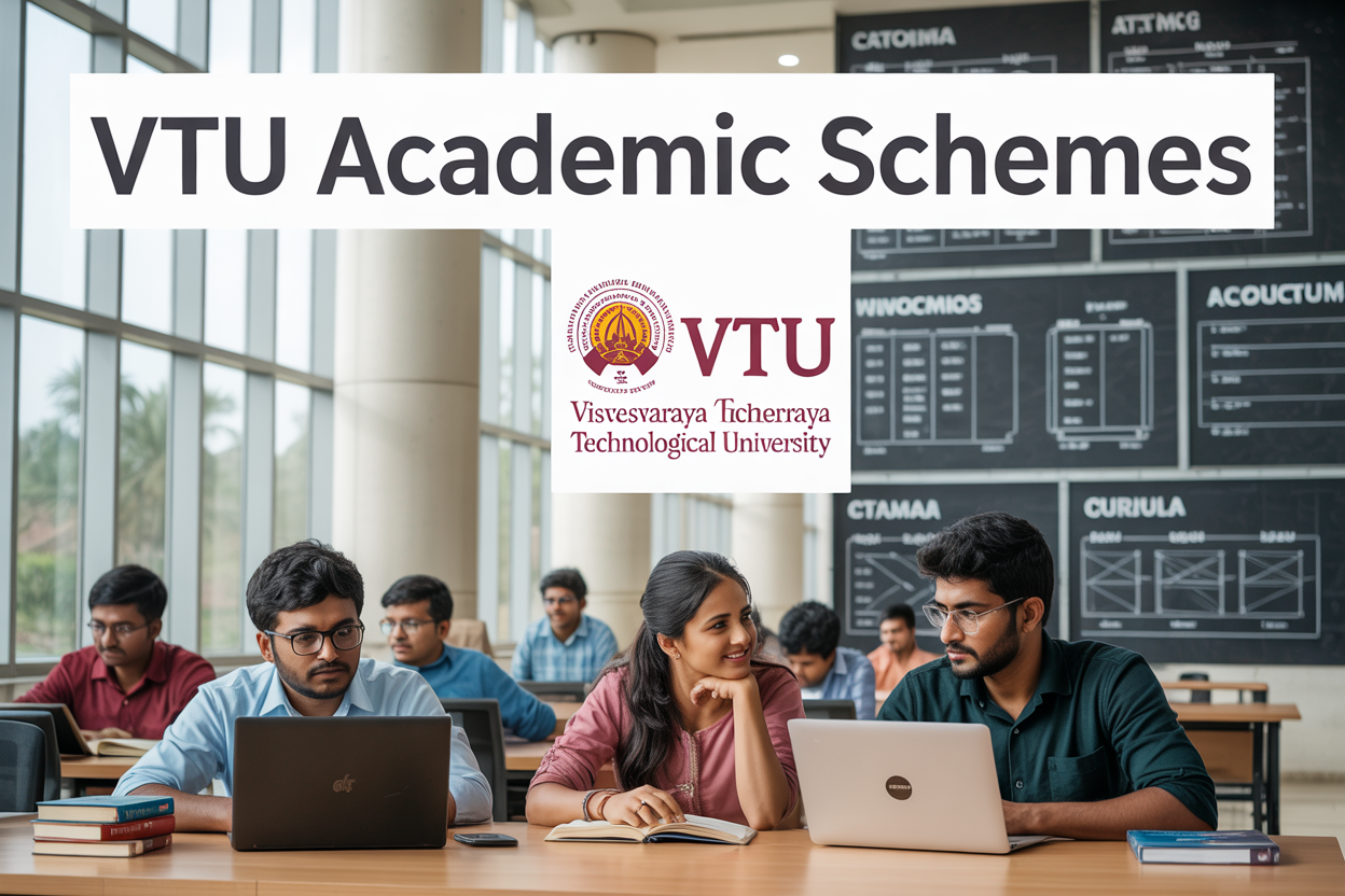 Create a realistic image of a modern university academic building with VTU (Visvesvaraya Technological University) logo prominently displayed, featuring diverse Indian students (male and female, various ethnicities) studying with laptops and books in the foreground, academic scheme charts and curriculum flowcharts visible on wall displays in the background, bright natural lighting through large windows, professional educational atmosphere, with the text "VTU Academic Schemes" overlaid in bold, clean font at the top of the image.