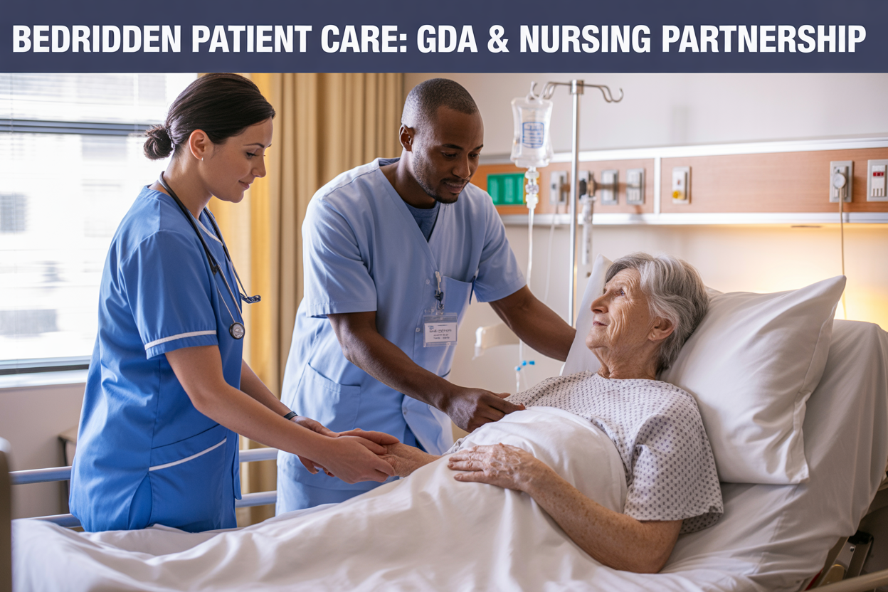 Create a realistic image of a white female nurse and a black male GDA (General Duty Assistant) providing care to an elderly white female bedridden patient in a bright, clean hospital room, with the nurse checking vital signs while the GDA assists with patient positioning, medical equipment visible in the background including IV stand and monitoring devices, warm natural lighting from a window, conveying a professional and compassionate healthcare environment, with the text "Bedridden Patient Care: GDA & Nursing Partnership" prominently displayed at the top of the image.