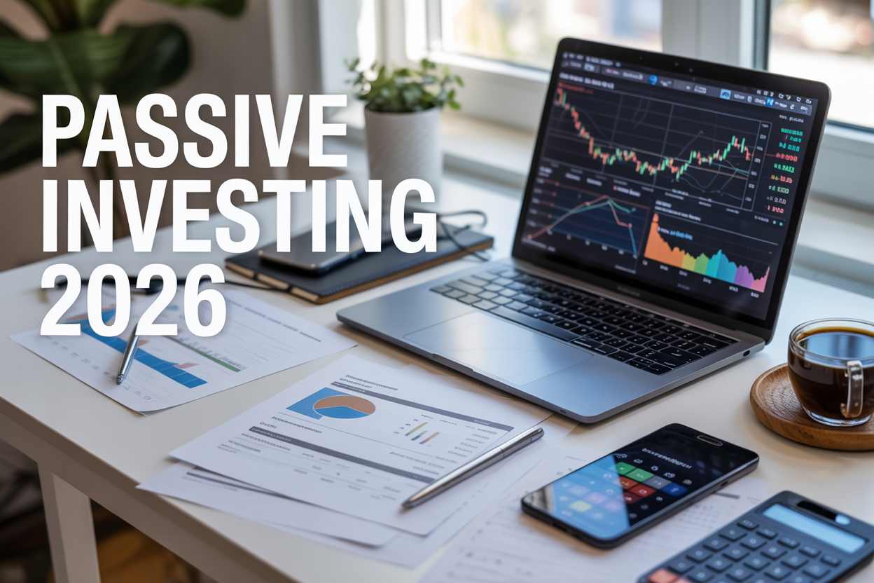 Create a realistic image of a modern financial workspace featuring a sleek laptop displaying colorful investment charts and passive income graphs on the screen, surrounded by scattered documents showing portfolio analytics, a smartphone with investment apps, a calculator, and a cup of coffee on a clean white desk, with soft natural lighting from a window creating a professional and optimistic atmosphere, and bold text overlay reading "PASSIVE INVESTING 2026" in modern sans-serif font across the top portion of the image.