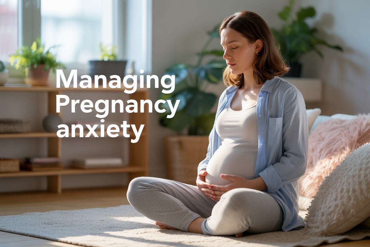 Create a realistic image of a pregnant white woman in her third trimester sitting peacefully in a bright, airy room with soft natural lighting, wearing comfortable clothing while practicing deep breathing with her hands gently placed on her belly, surrounded by calming elements like plants and soft pillows, with the text "Managing Pregnancy Anxiety" elegantly overlaid in a clean, readable font, conveying a sense of serenity and hope despite underlying concerns.