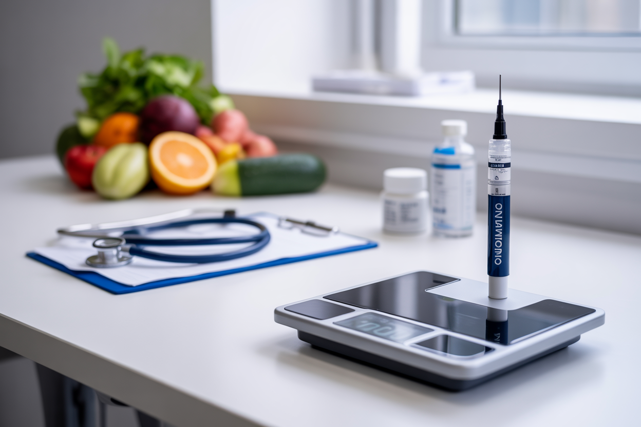 Create a realistic image of a clean medical consultation room with a modern digital scale in the foreground, a stethoscope and medical clipboard on a white desk, a Mounjaro injection pen prominently displayed on the desk surface, fresh fruits and vegetables arranged nearby symbolizing healthy eating, soft natural lighting from a window, professional healthcare atmosphere with white and blue color scheme, absolutely NO text should be in the scene.
