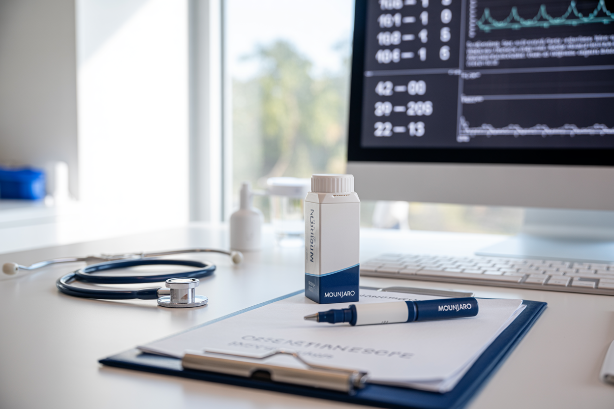 Create a realistic image of a modern medical consultation room with a Mounjaro medication pen and packaging prominently displayed on a clean white desk, alongside a stethoscope, medical charts showing diabetes statistics, and a computer screen displaying pharmaceutical research data, with soft natural lighting from a window creating a professional healthcare atmosphere, absolutely NO text should be in the scene.