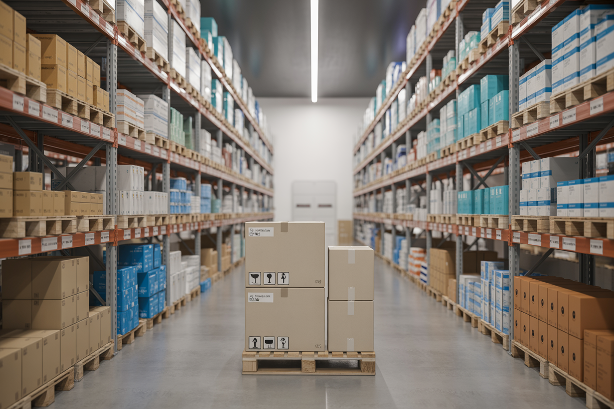 Create a realistic image of a modern pharmaceutical warehouse or distribution center with shelves of medical products and packages, featuring a professional delivery setup with shipping boxes and international shipping labels, bright clean lighting, conveying efficiency and global reach, with a focus on value and cost-effectiveness through organized inventory systems, absolutely NO text should be in the scene.