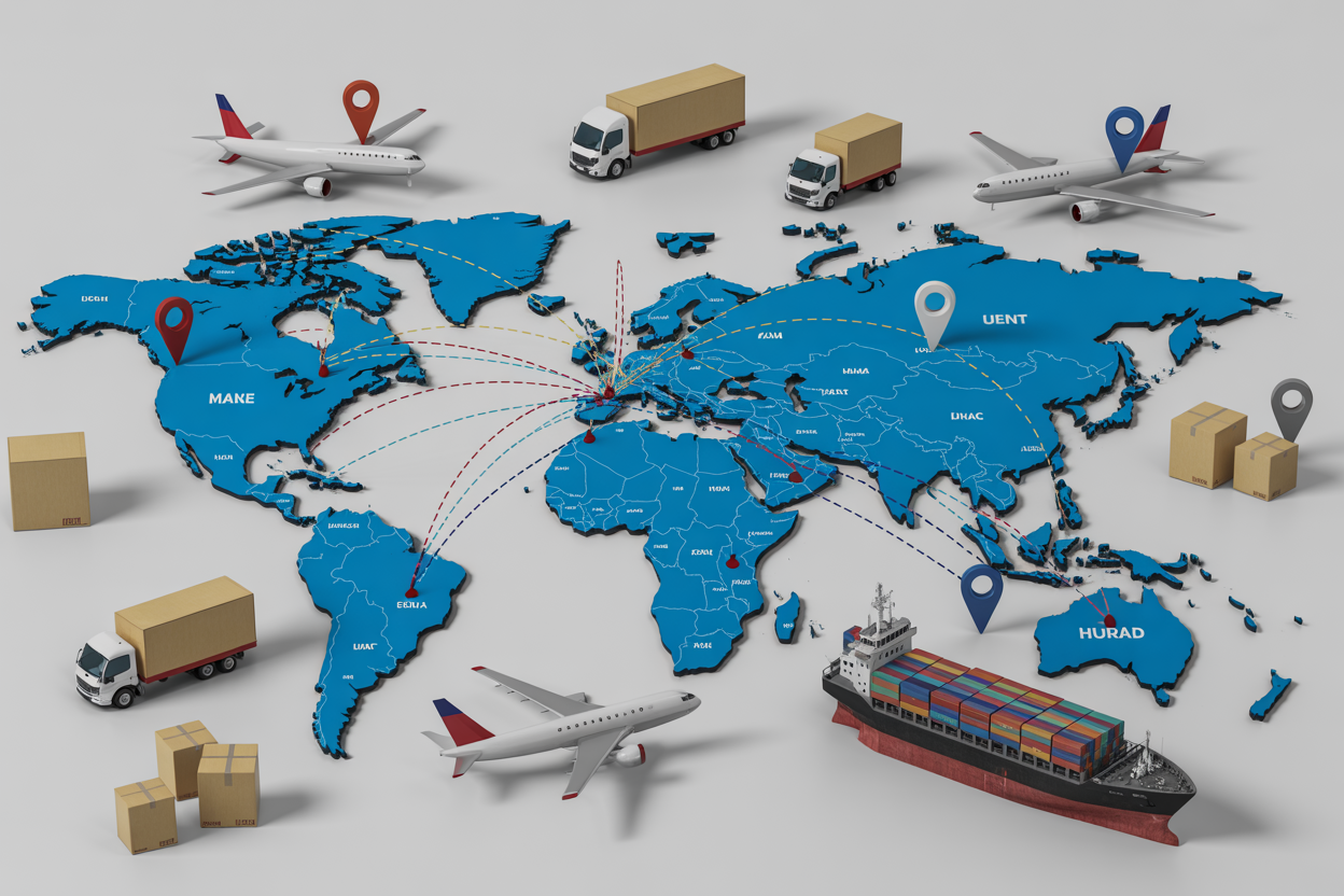 Create a realistic image of a world map with multiple shipping routes highlighted by dotted lines connecting continents, surrounded by shipping boxes, delivery trucks, cargo planes, and a cargo ship, with small location pins marking major cities across USA and Europe, set against a clean white background with soft professional lighting, conveying efficient global logistics and worldwide delivery coverage, absolutely NO text should be in the scene.