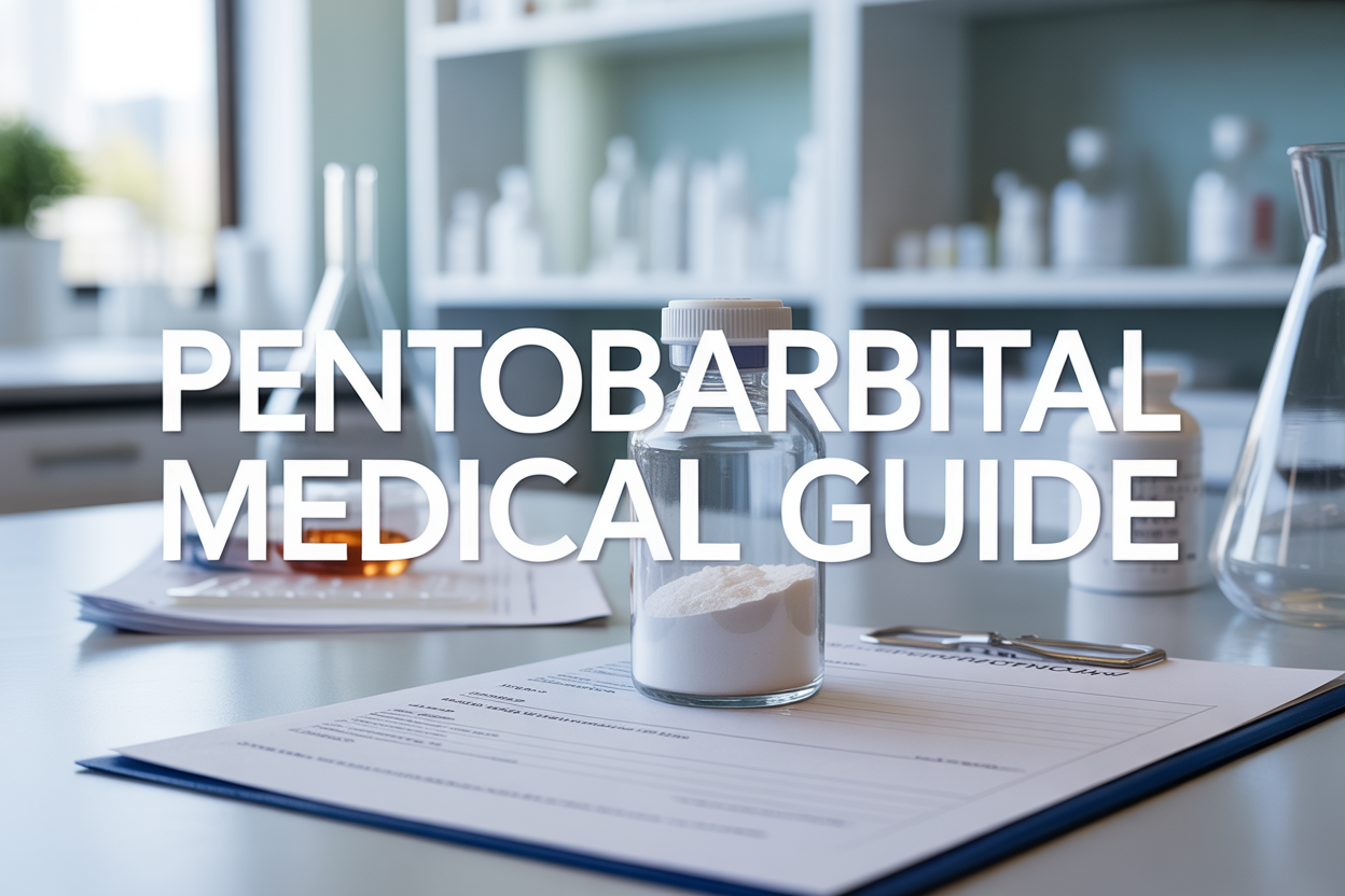 Create a realistic image of a clean, professional medical setting with a white laboratory table displaying a clear glass vial containing white powder substance, alongside medical documentation and prescription papers, with a subtle pharmaceutical laboratory background featuring soft natural lighting, and include the text "PENTOBARBITAL MEDICAL GUIDE" prominently displayed in modern, clinical typography.