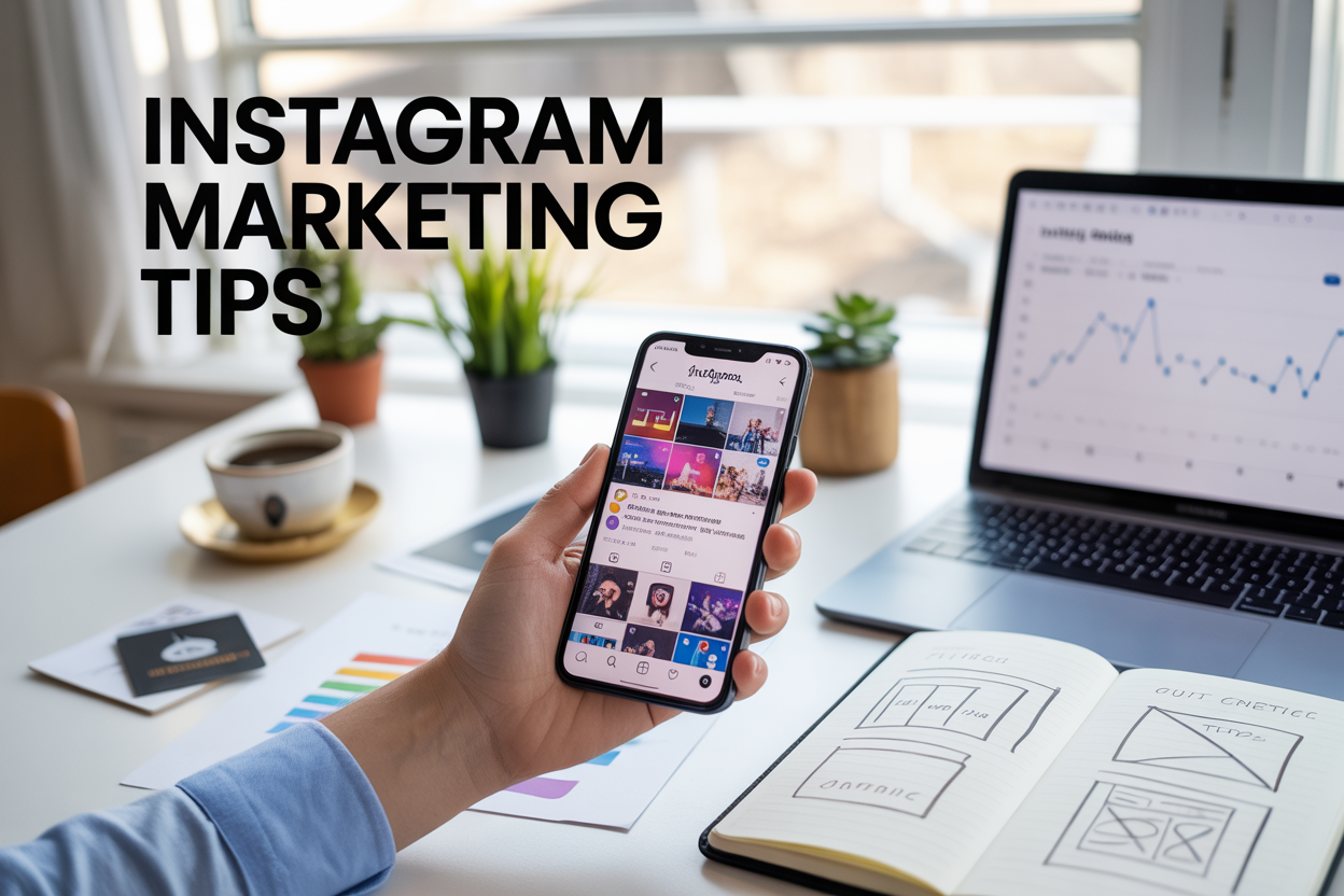 Create a realistic image of a modern workspace featuring a smartphone displaying the Instagram app interface with colorful posts and stories visible on screen, surrounded by marketing materials including notebooks with sketched content calendars, a laptop showing Instagram analytics graphs, small potted plants, a coffee cup, and business cards scattered on a clean white desk, with soft natural lighting from a window creating a professional yet creative atmosphere, and overlay text reading "Instagram Marketing Tips" in bold, modern sans-serif font positioned in the upper portion of the image.