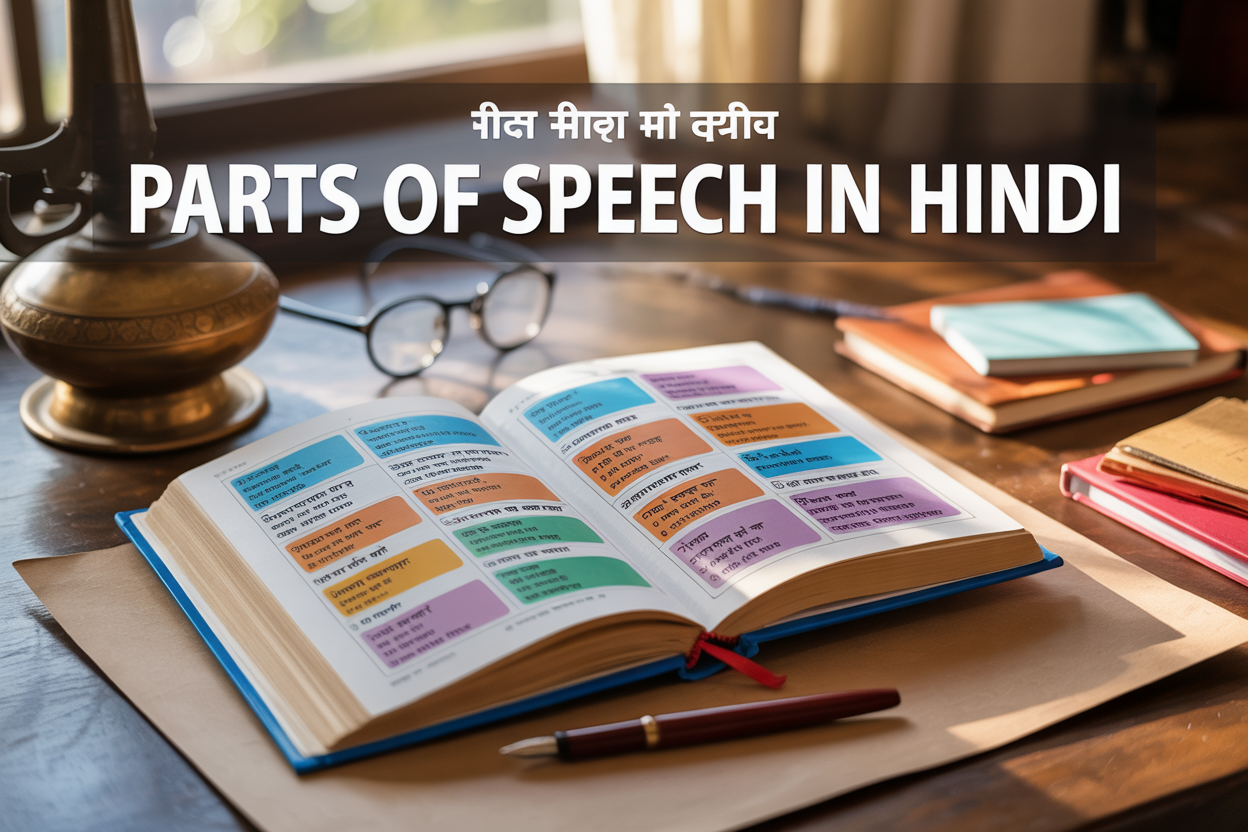 Create a realistic image of an open Hindi grammar textbook on a wooden desk with colorful highlighted sections showing different parts of speech, surrounded by traditional Indian educational elements like a fountain pen, spectacles, and small notebooks, with soft natural lighting from a window, and overlay text reading "Parts of Speech in Hindi" in both English and Devanagari script, set in a warm academic atmosphere with bokeh background.