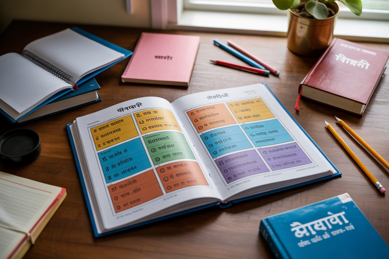 Create a realistic image of an open Hindi grammar textbook on a wooden desk with colorful charts showing different parts of speech categories like nouns, verbs, adjectives displayed on the pages, surrounded by study materials including notebooks, pencils, and a Hindi dictionary, with soft natural lighting from a window, creating a scholarly and educational atmosphere for learning Hindi grammar fundamentals, absolutely NO text should be in the scene.