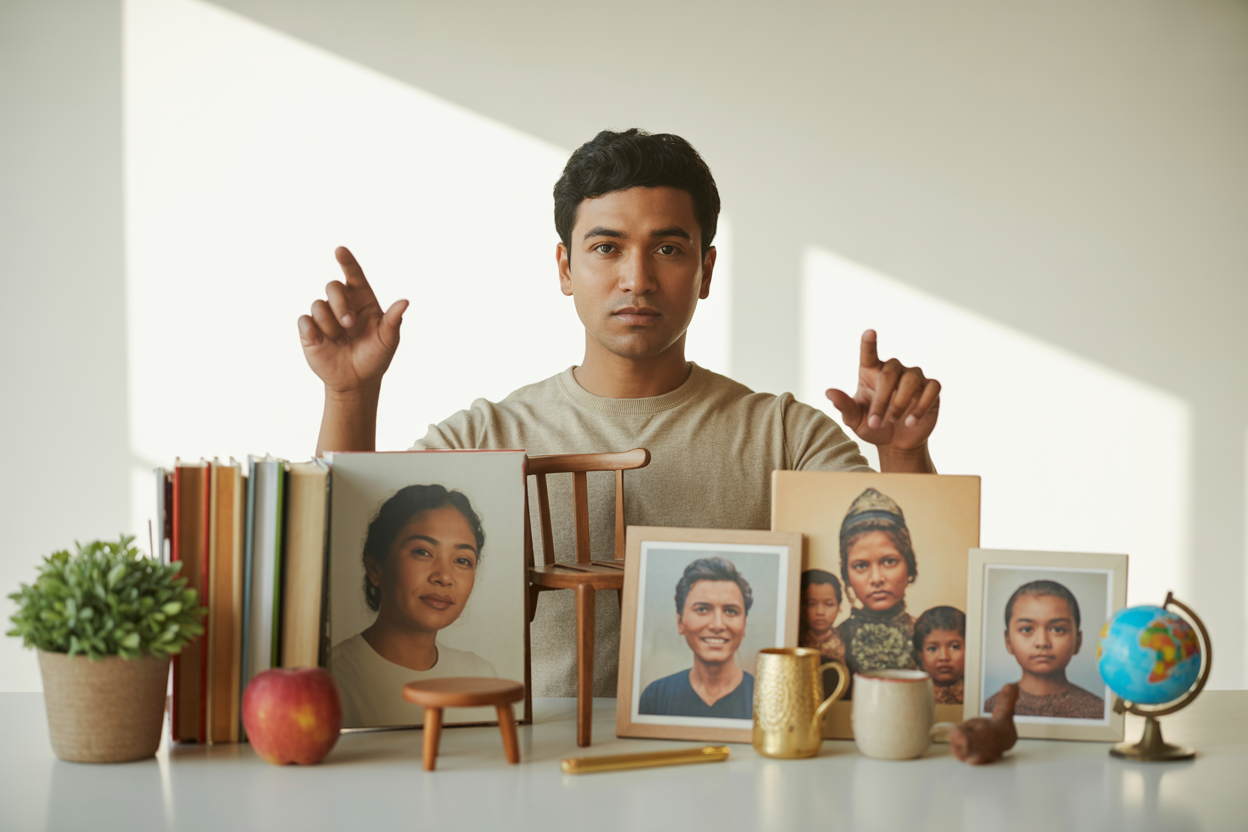 Create a realistic image of a diverse collection of everyday objects and people arranged in an organized, educational display including a young South Asian male teacher pointing to various items like books, a red apple, a wooden chair, a potted plant, family photographs showing people of different ethnicities, a golden pen, a ceramic cup, and a small globe, with soft natural lighting from a window creating gentle shadows, set against a clean white background in a classroom-like environment that conveys the concept of naming and categorizing different things and people, absolutely NO text should be in the scene.