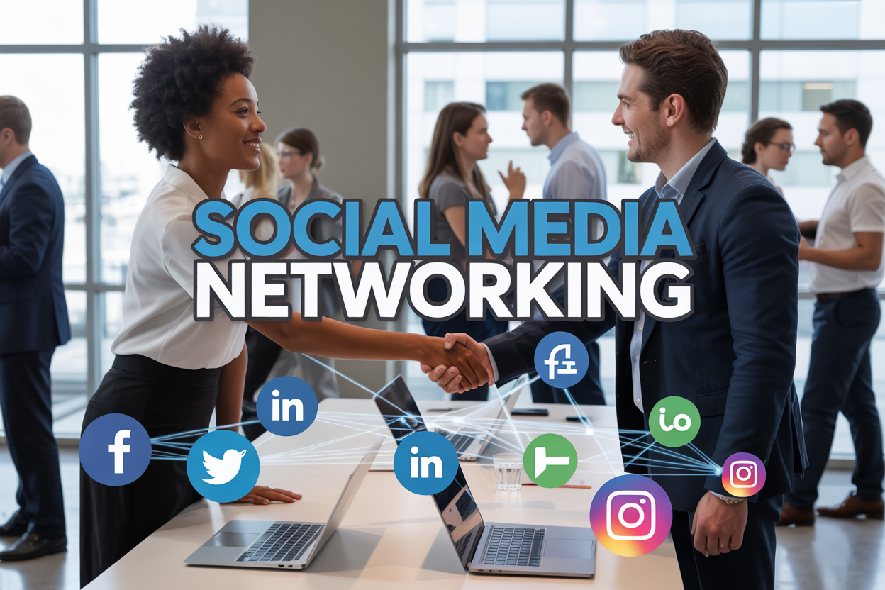 Create a realistic image of diverse professionals networking at a modern conference, featuring a black female and white male shaking hands in the foreground, with laptops and smartphones displaying various social media platform icons (Facebook, LinkedIn, Twitter, Instagram) scattered on a sleek white table, connected by glowing digital network lines, bright natural lighting from large windows, contemporary office setting in the background with other people engaged in conversation, and bold text overlay reading "SOCIAL MEDIA NETWORKING" in modern blue and white typography.