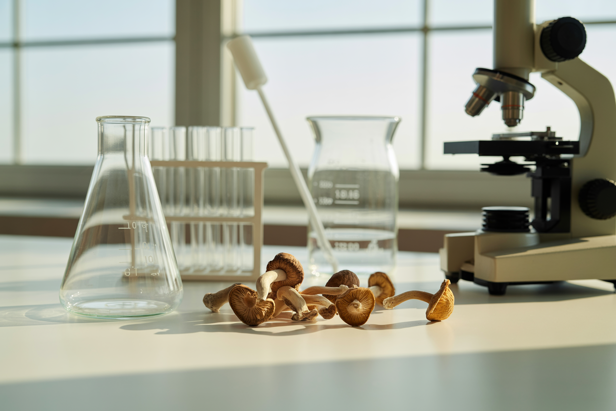 Create a realistic image of a clean, modern medical research laboratory setting with psilocybin mushrooms displayed in glass petri dishes on a white laboratory table, scientific research papers and charts showing brain scans scattered nearby, soft natural lighting from a window creating a calm, professional atmosphere, with the text "Psilocybin Therapy for Mental Health" overlaid in clean, modern typography at the top of the image.