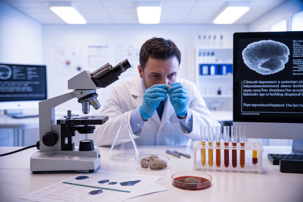 Create a realistic image of a modern laboratory setting with scientific research equipment including microscopes, petri dishes, and test tubes containing psilocybin mushroom samples, with research papers and data charts spread across a clean white laboratory bench, surrounded by professional scientific instruments under bright fluorescent lighting, featuring a white male scientist in a lab coat examining samples through a microscope, with clinical depression and anxiety research documentation visible on computer screens in the background, maintaining a professional medical research atmosphere with sterile white and blue tones, absolutely NO text should be in the scene.