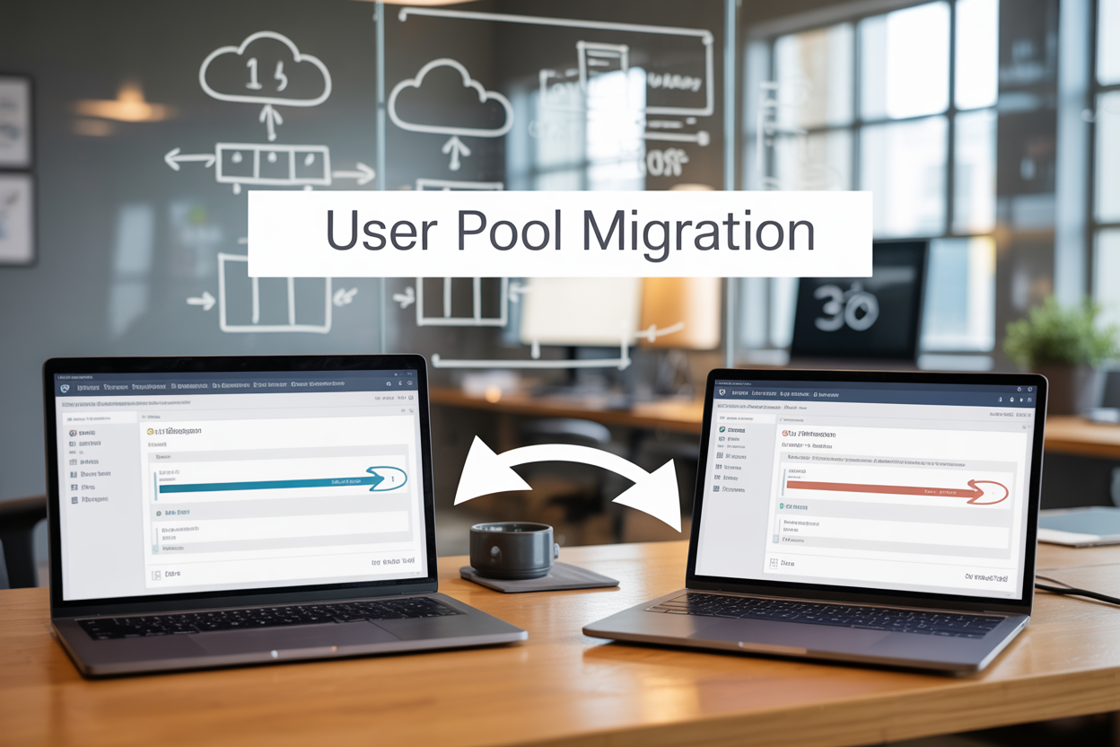 Create a realistic image of a modern tech workspace showing two laptop screens side by side displaying AWS Cognito dashboard interfaces with user migration progress bars and data transfer arrows flowing between them, surrounded by cloud infrastructure diagrams on a glass whiteboard in the background, with a sleek wooden desk surface, soft natural lighting from a window, and the text "User Pool Migration" prominently displayed as a professional overlay banner across the top of the image in clean sans-serif font.