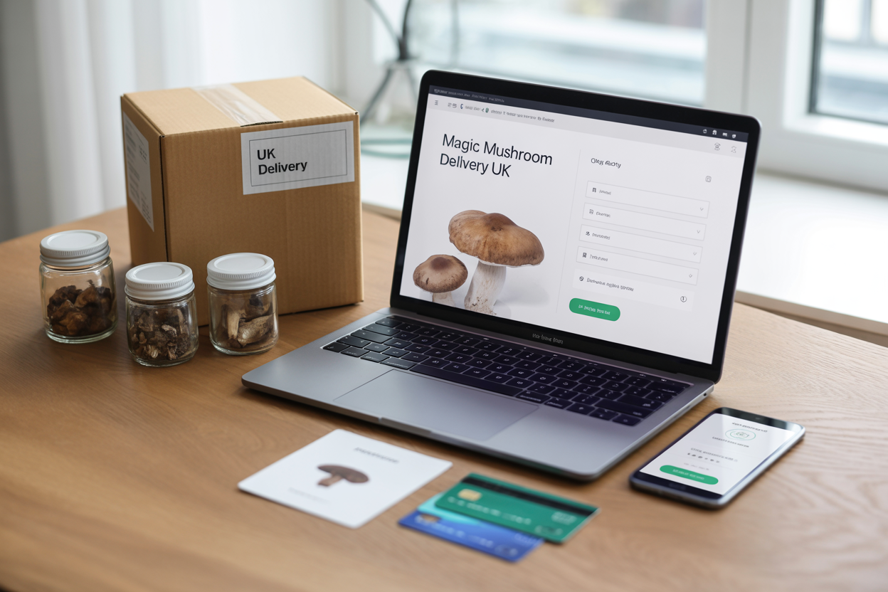 Create a realistic image of a modern minimalist workspace with a laptop displaying an online shopping interface for organic products, surrounded by small glass jars containing dried mushrooms, a discrete brown shipping box with "UK Delivery" label, credit cards and smartphone showing secure payment options, all arranged on a clean wooden desk with soft natural lighting from a window, include the text "Magic Mushroom Delivery UK" prominently displayed on the laptop screen.