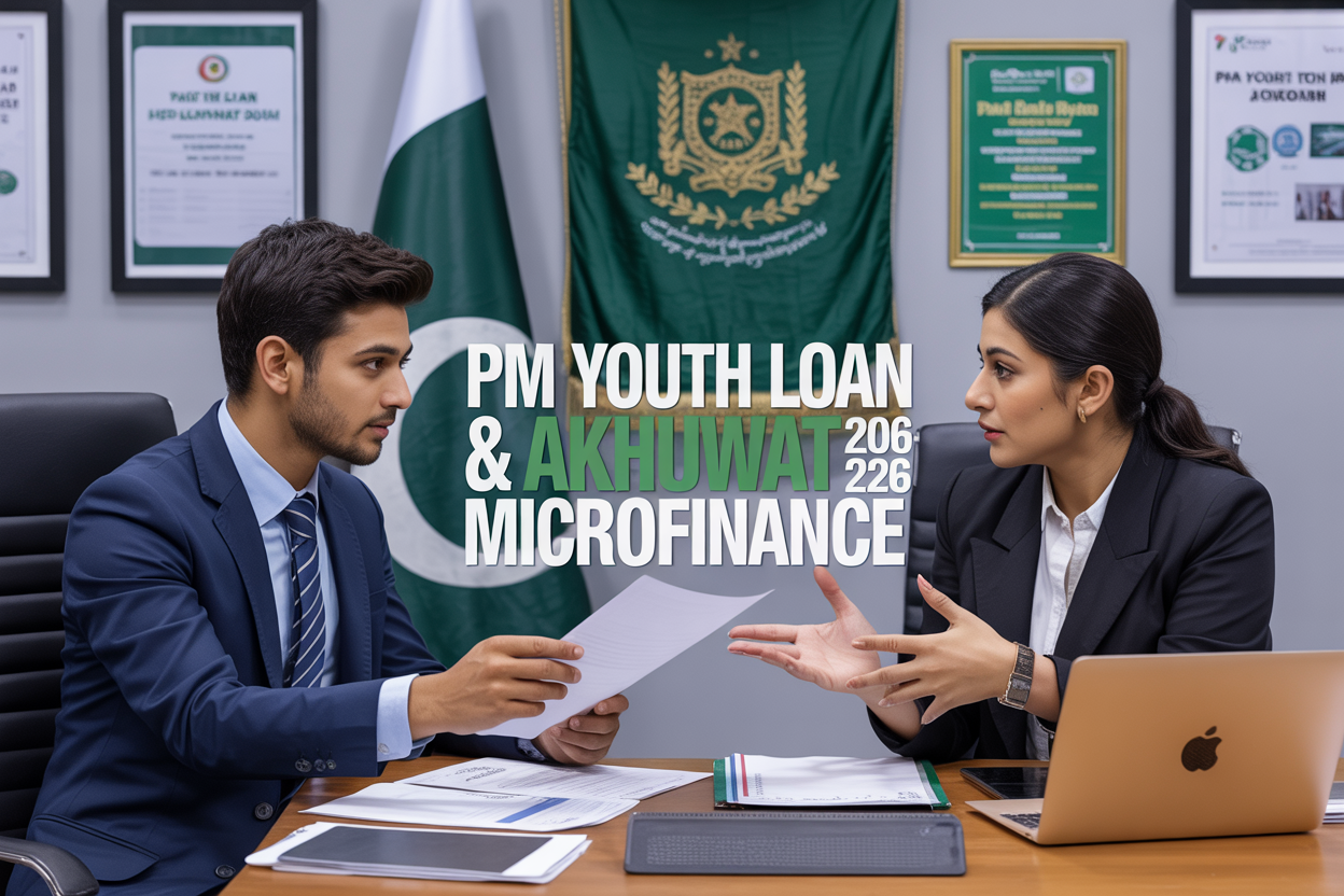 Create a realistic image of a modern Pakistani government office setting with a young South Asian male entrepreneur in business attire sitting at a desk reviewing loan documents, with a female South Asian bank officer in professional clothing explaining the application process, Pakistani flag visible in the background, official government loan scheme posters on the wall, laptop and financial documents spread on the desk, bright professional office lighting, and overlay text reading "PM Youth Loan & Akhuwat Microfinance 2026" in bold modern font.