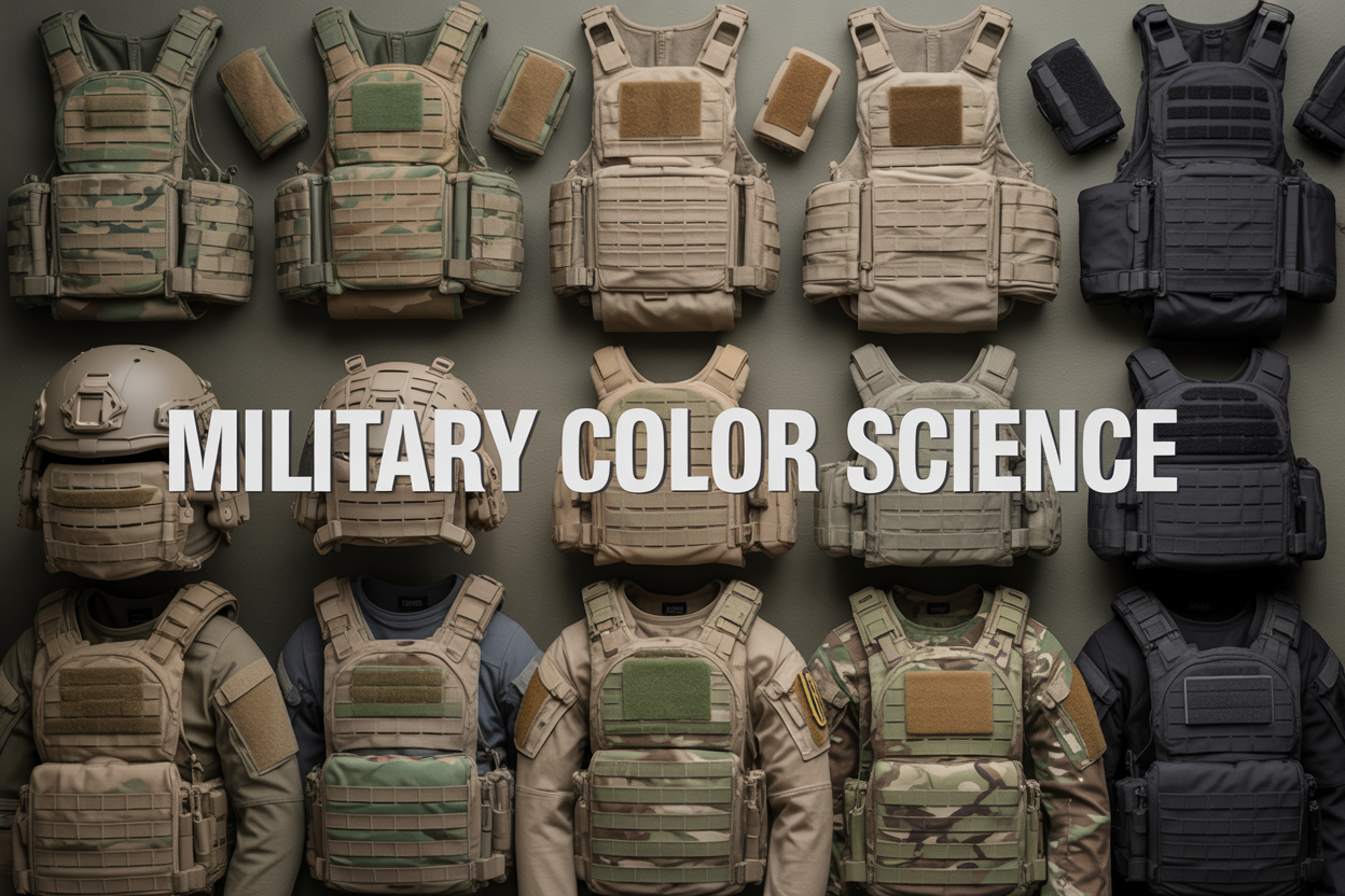 Create a realistic image of a tactical gear layout displaying camouflage patterns in different military colors including woodland green, desert tan, urban gray, and black arranged on a neutral surface, with various tactical equipment like vests, helmets, and uniforms showcasing the different color schemes, professional lighting highlighting the texture and color variations, and overlay text reading "Military Color Science" in bold tactical-style font.