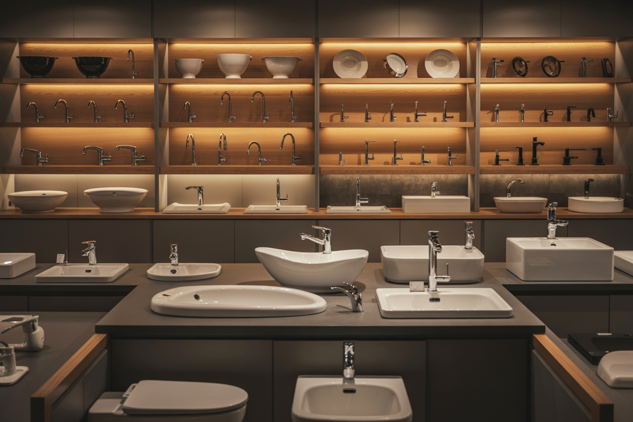 Create a realistic image of a modern bathroom and kitchen showroom display featuring various sanitary fixtures and hardware including chrome faucets, white ceramic sinks, toilet bowls, shower heads, cabinet handles, door knobs, and plumbing accessories neatly arranged on wooden shelves and display counters, with warm ambient lighting creating a professional retail environment, shot from a slightly elevated angle to showcase the complete collection of bathroom and kitchen hardware products, absolutely NO text should be in the scene.