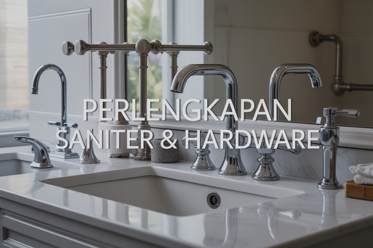 Create a realistic image of a modern bathroom display showcasing various sanitary fixtures including a white ceramic toilet, sleek faucet, chrome towel bars, and plumbing hardware components like pipes and fittings arranged on a clean white marble countertop, with soft natural lighting from a window, professional product photography style, with the text "Perlengkapan Saniter & Hardware" overlaid in elegant modern typography.