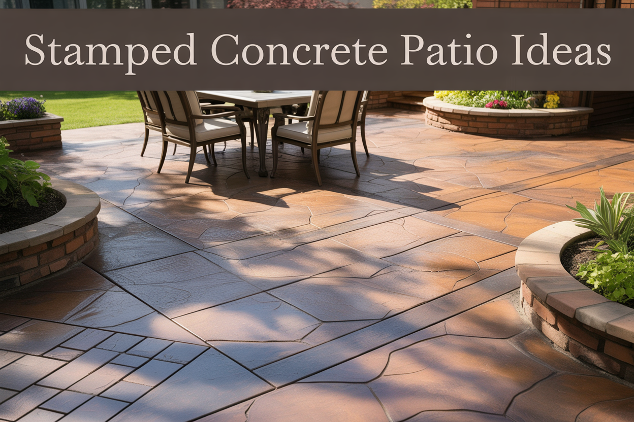 Create a realistic image of a beautiful stamped concrete patio featuring multiple decorative patterns including slate stone texture and brick designs, showcasing warm earth-tone colors like terracotta and gray, with outdoor furniture including a dining table and chairs, surrounded by landscaped garden beds with plants and flowers, natural daylight illuminating the space, and the text "Stamped Concrete Patio Ideas" overlaid in elegant typography at the top of the image.