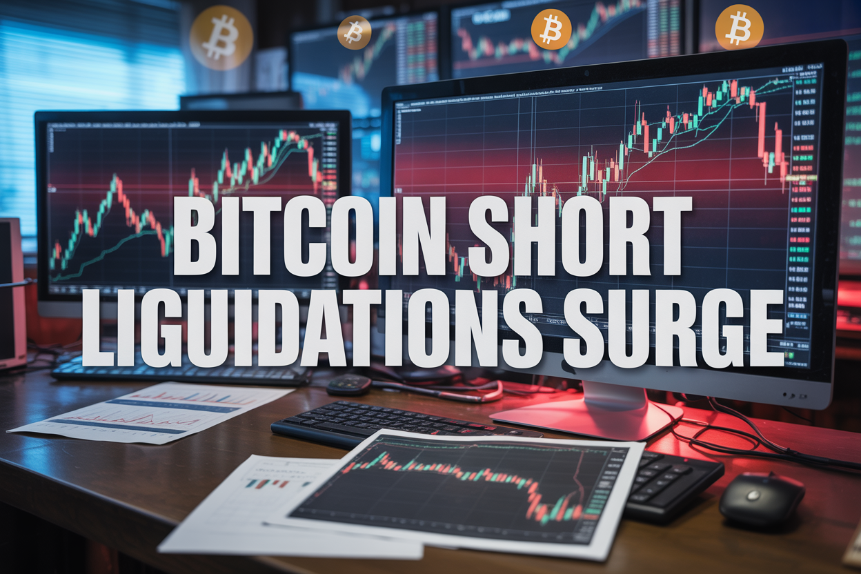 Create a realistic image of a dramatic financial trading scene with red and green candlestick charts showing Bitcoin price surging upward on multiple computer monitors, scattered trading documents and charts on a dark wooden desk, intense blue and red lighting from the screens creating a high-energy atmosphere, with the text "BITCOIN SHORT LIQUIDATIONS SURGE" prominently displayed in bold white letters across the top of the image, and small Bitcoin logos floating subtly in the background.