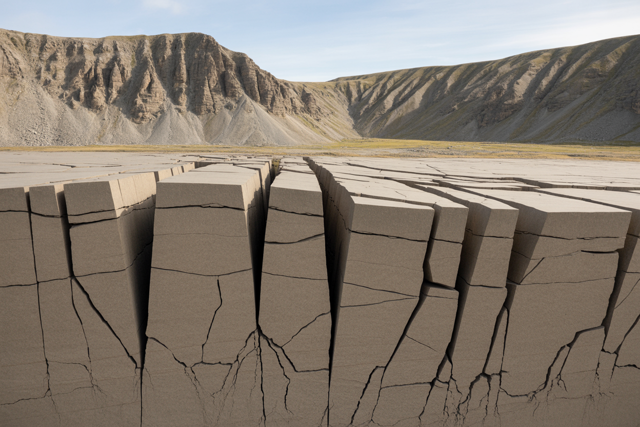 Create a realistic image of a detailed geological cross-section diagram showing the formation of block mountains through tectonic forces, featuring large rectangular rock blocks being uplifted and tilted by underground pressure, with visible fault lines and fractures in the earth's crust, set against a natural mountainous landscape background with steep rocky cliffs and layered sedimentary rock formations, captured in clear daylight with good visibility to show geological details, absolutely NO text should be in the scene.