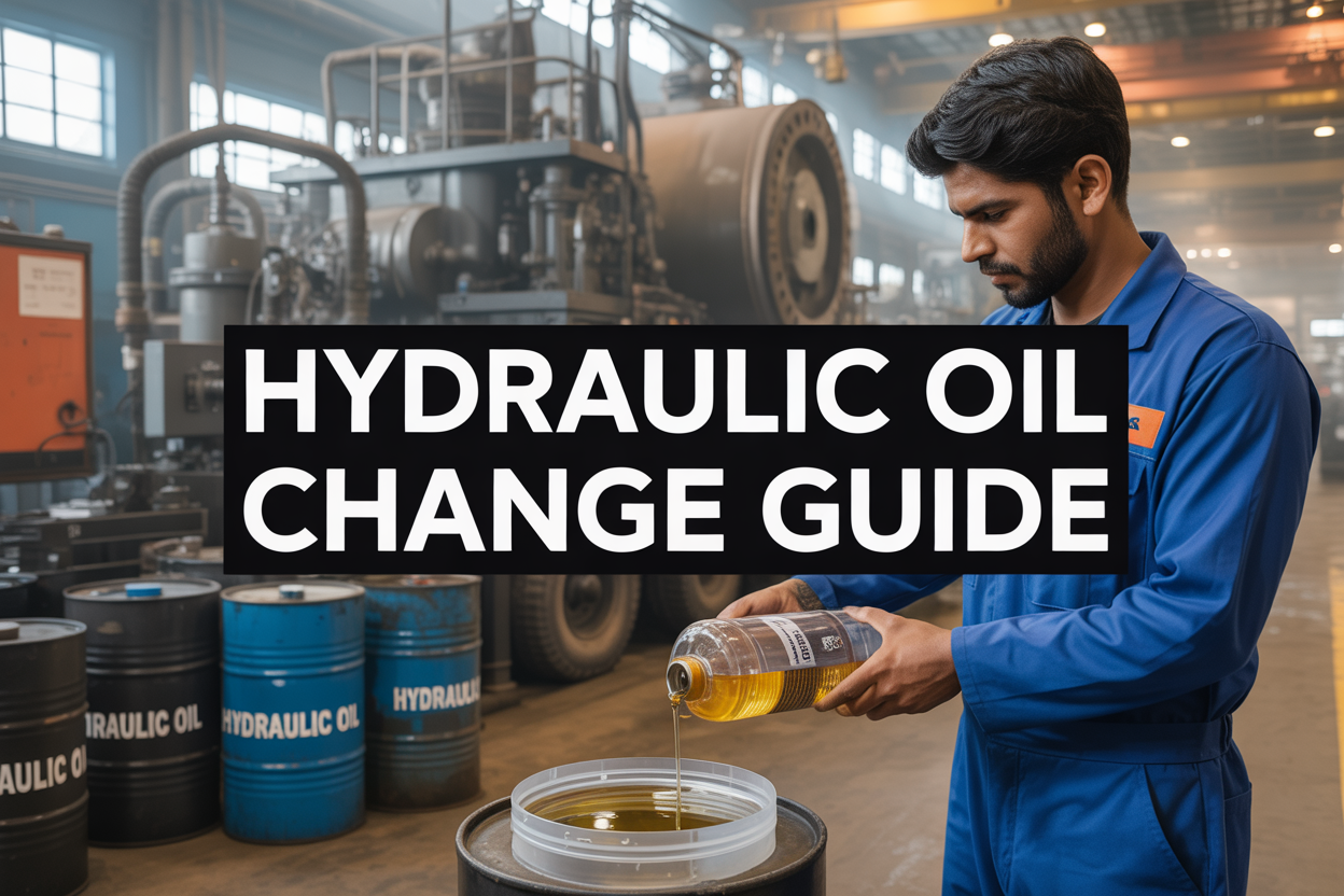 Create a realistic image of an Indian industrial factory floor with large hydraulic machinery and equipment, featuring a South Asian male technician in blue coveralls examining a hydraulic oil sample in a clear container, with oil barrels labeled "HYDRAULIC OIL" stacked nearby, industrial pipes and hydraulic systems visible in the background, warm industrial lighting with subtle orange and yellow tones, and bold text overlay reading "HYDRAULIC OIL CHANGE GUIDE" in professional sans-serif font.