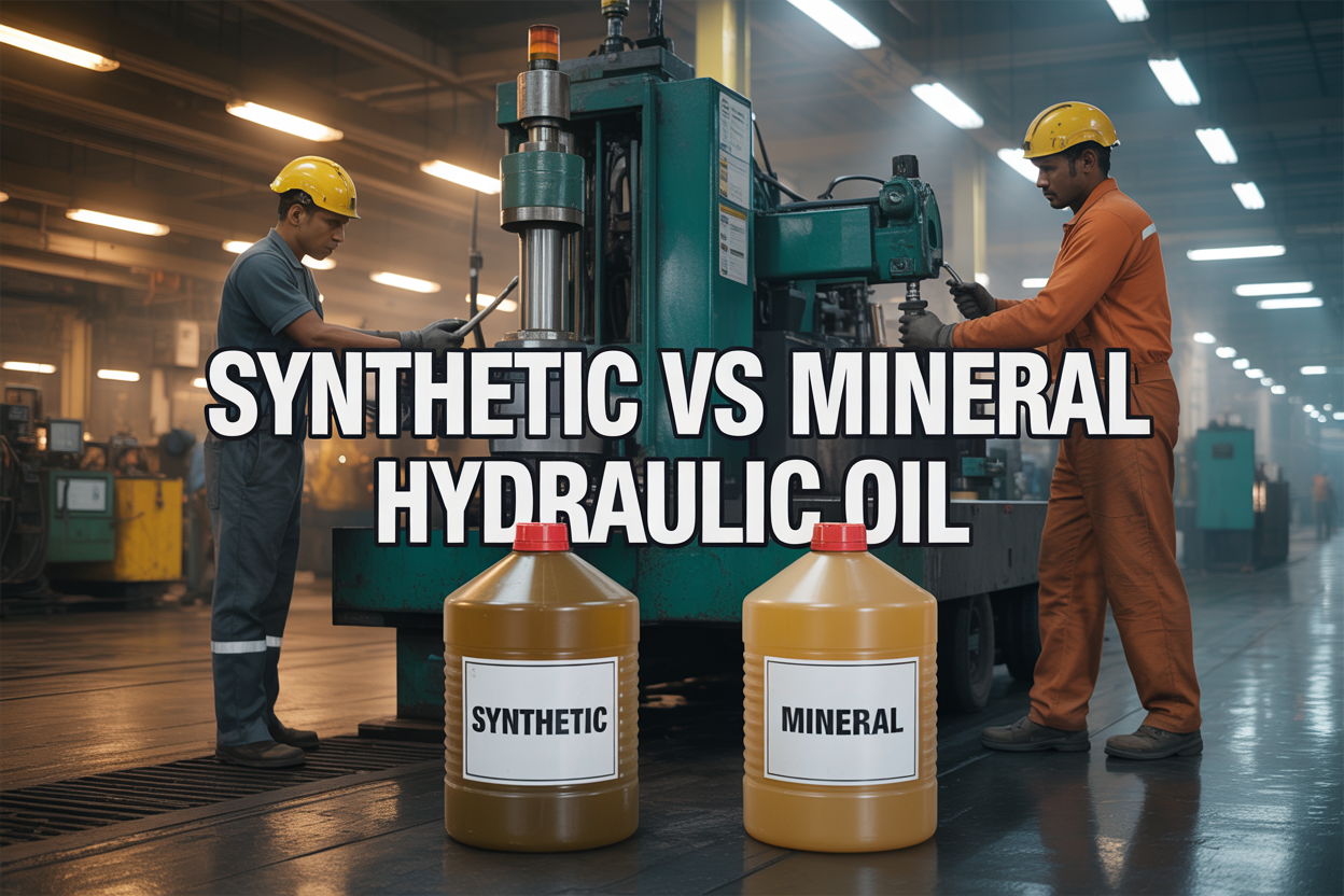 Create a realistic image of industrial hydraulic machinery in a modern Indian manufacturing facility with two large containers of hydraulic oil in the foreground - one labeled "SYNTHETIC" and one labeled "MINERAL" - showing golden amber colored oil, with factory workers in safety gear operating hydraulic equipment in the background, warm industrial lighting with overhead fluorescent lights, and bold text overlay reading "SYNTHETIC VS MINERAL HYDRAULIC OIL" in professional sans-serif font.