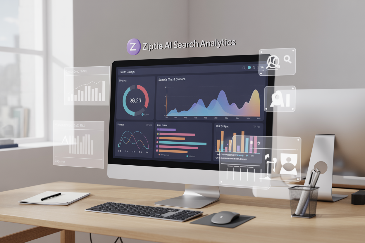 Create a realistic image of a modern digital analytics dashboard displayed on a sleek computer monitor showing colorful graphs, search trend charts, and data visualizations with AI-powered search analytics interface elements, set against a clean minimalist office desk with soft natural lighting from a window, featuring floating holographic-style data points and search icons around the screen, with the text "Ziptie AI Search Analytics" prominently displayed at the top of the dashboard interface.