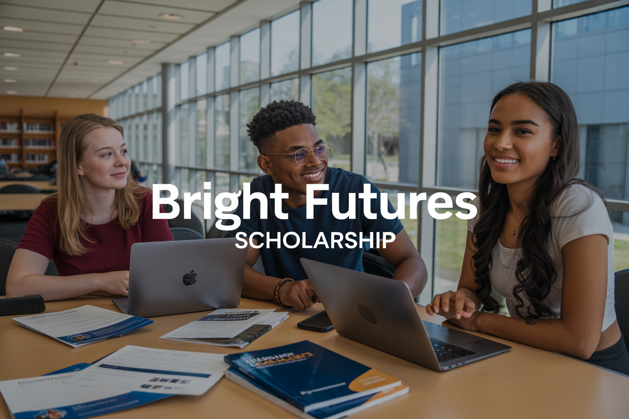 Create a realistic image of a diverse group of three college students - one white female, one black male, and one Hispanic female - sitting at a modern university library table with laptops, scholarship documents, and college brochures spread out, bright natural lighting streaming through large windows in the background, with the text "BRIGHT FUTURES SCHOLARSHIP" prominently displayed as an overlay, conveying an optimistic and focused academic atmosphere with the students appearing engaged in scholarship research and college planning.