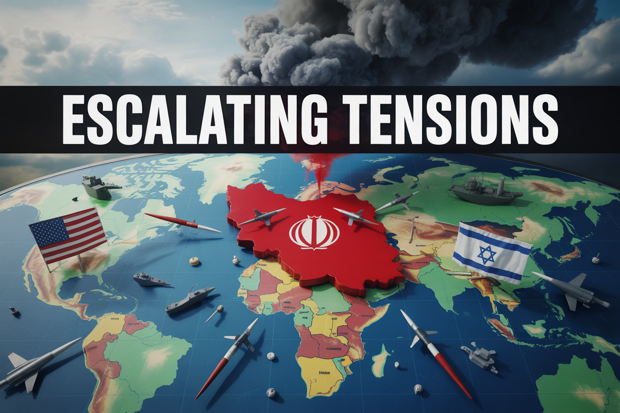 Create a realistic image of a world map with Iran highlighted in red at the center, surrounded by military elements including fighter jets silhouettes, naval ships, and missile icons, with USA and Israeli flags positioned strategically around Iran, dark storm clouds gathering overhead, tense geopolitical atmosphere with dramatic lighting casting shadows across the map, and bold text overlay reading "Escalating Tensions" in white letters across the top of the image.