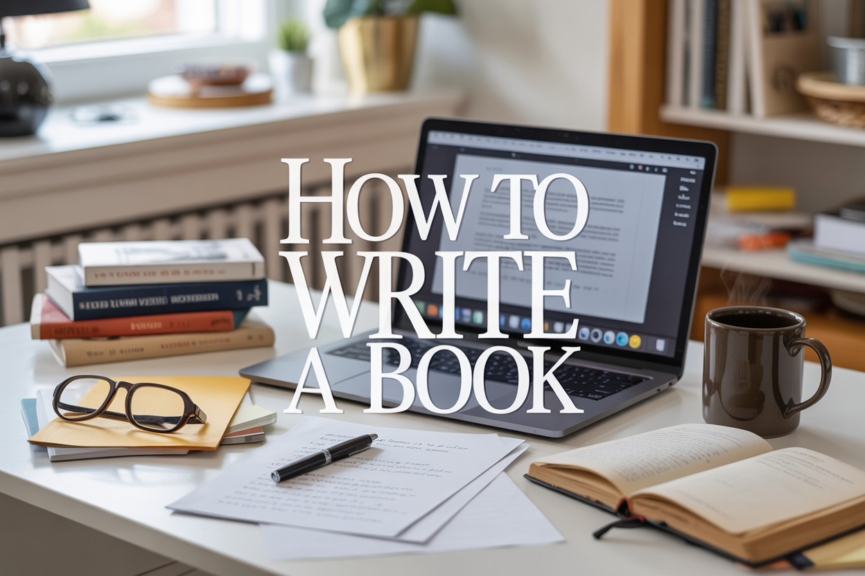 Create a realistic image of a clean, organized writer's desk from a slightly elevated angle showing an open laptop with a document on screen, several stacked books, scattered handwritten notes on paper, a steaming coffee mug, a pen, and reading glasses, with the text "How to Write a Book" prominently displayed in elegant typography overlaid on the scene, set against a warm, well-lit home office background with soft natural lighting from a nearby window.