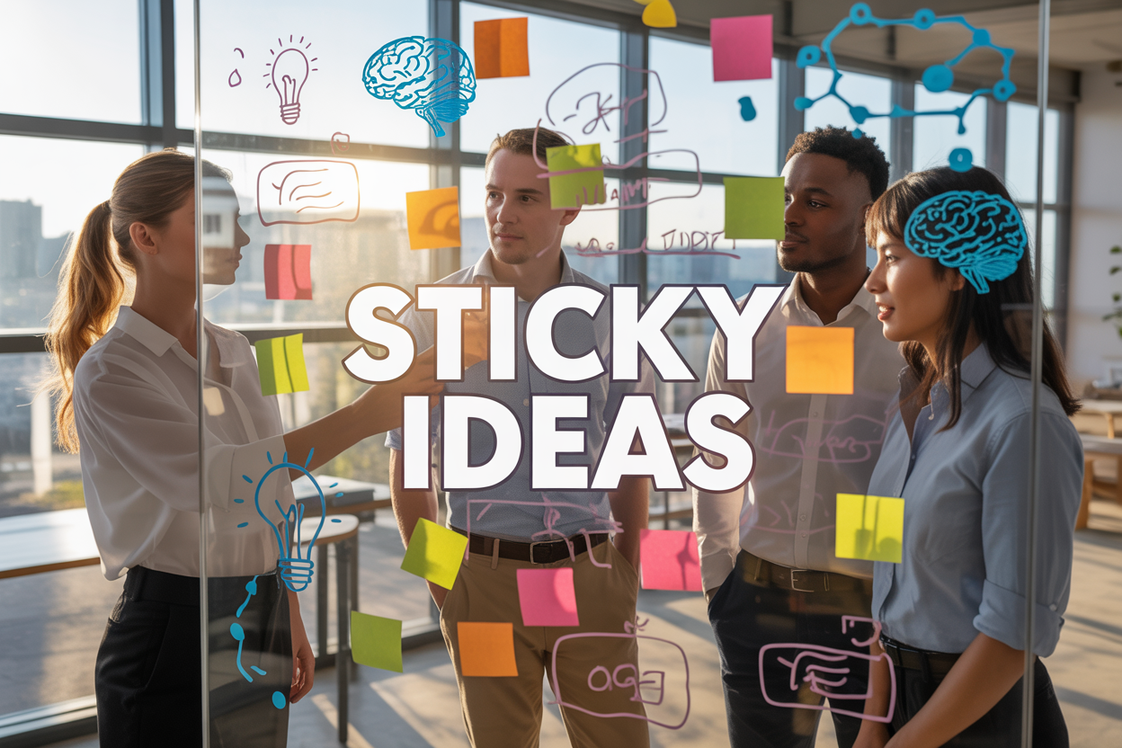 Create a realistic image of a modern, bright workspace with a diverse group of professionals - a white female, black male, and Asian female - collaborating around a glass whiteboard covered in colorful sticky notes, mind maps, and lightbulb doodles, with floating translucent brain icons and neural network patterns overlaying the scene, warm natural lighting streaming through large windows, and the text "STICKY IDEAS" prominently displayed on the whiteboard in bold, modern font.