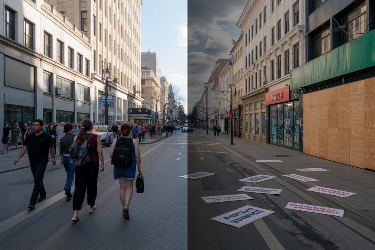 Create a realistic image of a split-screen composition showing warning signs of civil unrest: on the left side, a peaceful city street with normal daily life including diverse people walking, and on the right side, the same street showing early signs of tension with boarded shop windows, scattered protest signs on the ground, and empty streets with dramatic overcast lighting, representing the contrast between stability and emerging conflict indicators, shot in documentary photography style with natural lighting transitioning from bright daylight to stormy atmosphere, absolutely NO text should be in the scene.