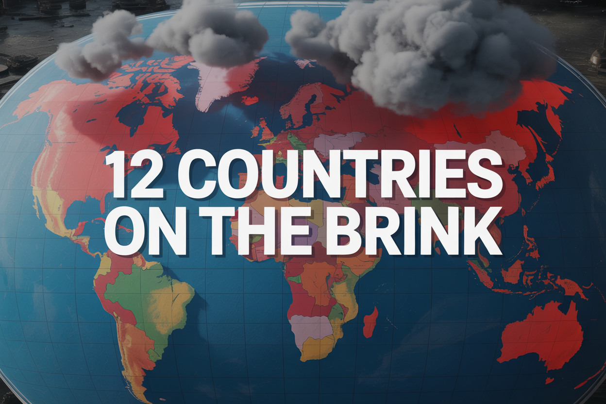 Create a realistic image of a world map with dark storm clouds gathering over highlighted regions, showing red warning zones across continents including the Middle East, Africa, Latin America, Asia, and parts of Europe, with cracked earth texture overlay symbolizing instability, dramatic lighting with shadows cast across nations, and bold white text overlay reading "12 COUNTRIES ON THE BRINK" positioned prominently across the center of the image.