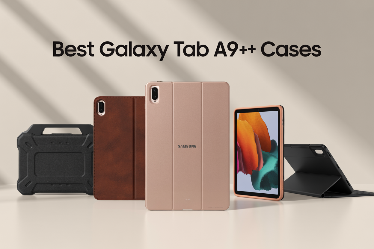 Best samsung galaxy tab a9+ case: Create a realistic image of a Samsung Galaxy Tab A9+ tablet displayed prominently in the center with multiple protective cases arranged around it showcasing different styles including a rugged black protective case, an elegant brown leather business case, a colorful budget-friendly silicone case, and a keyboard folio case, all positioned on a clean white surface with soft studio lighting, featuring the text "Best Galaxy Tab A9+ Cases" in modern sans-serif font overlaid at the top of the image.