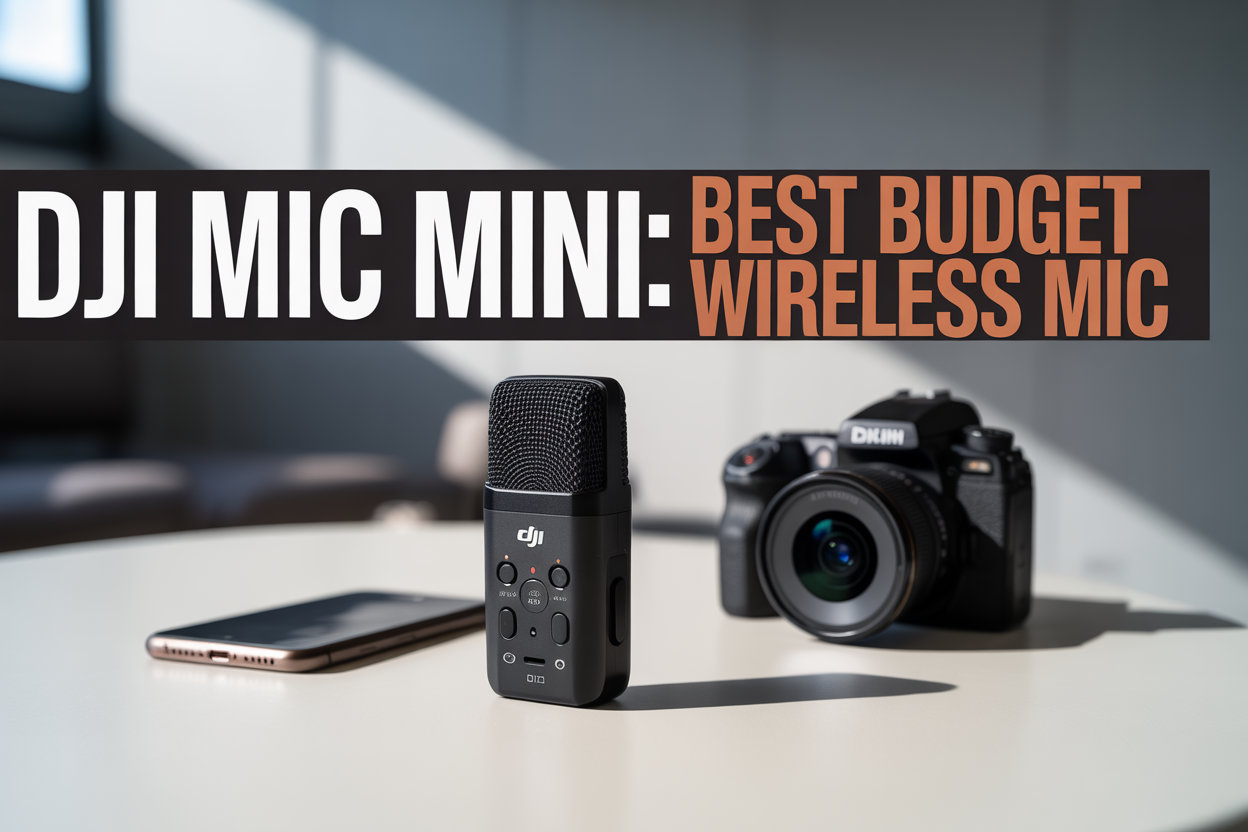 DJI Mic Mini: Create a realistic image of a sleek black DJI Mic Mini wireless microphone system with both transmitter and receiver units prominently displayed on a clean white surface, alongside a smartphone and DSLR camera to show compatibility, with soft professional lighting creating subtle shadows, a modern minimalist background with slight blur, and bold text overlay reading "DJI Mic Mini: Best Budget Wireless Mic" in white and orange colors positioned in the upper portion of the image.