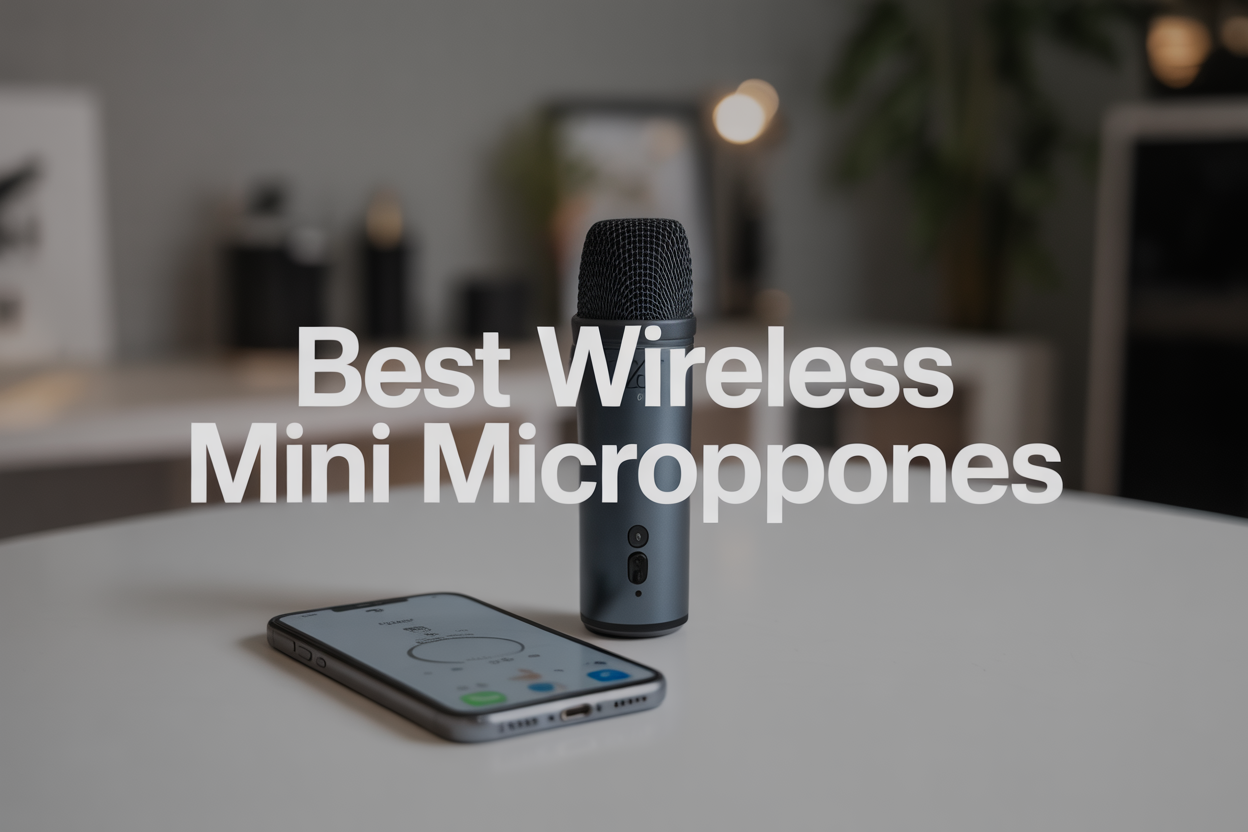Create a realistic image of a modern wireless mini microphone as the central subject positioned on a clean white surface, with an iPhone placed nearby showing a recording app interface, soft professional lighting creating minimal shadows, a blurred background suggesting a content creation workspace with subtle bokeh effects, and the text "Best Wireless Mini Microphones" displayed prominently in modern sans-serif font overlay, conveying a professional and tech-focused mood suitable for product review content.