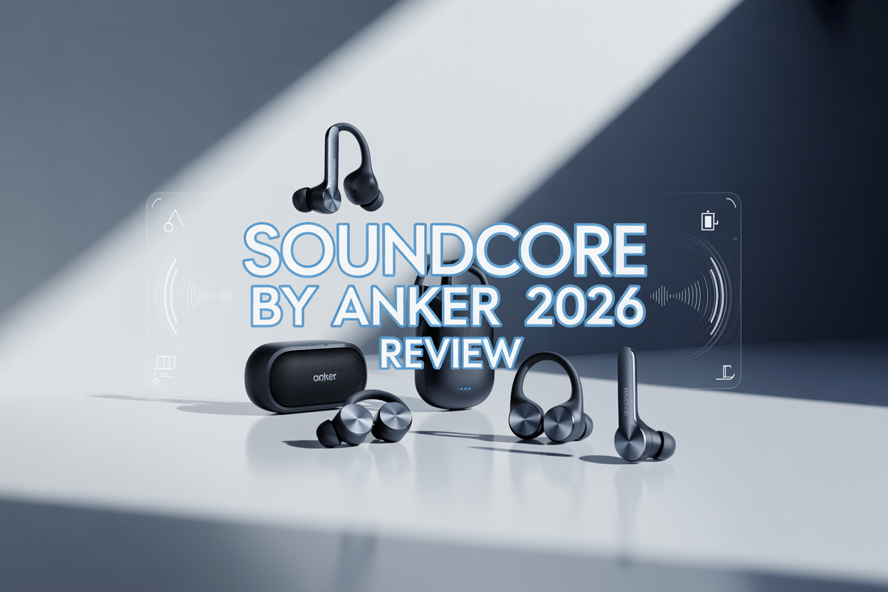 Create a realistic image of a sleek modern product showcase featuring multiple Soundcore wireless earbuds and speakers arranged on a clean white surface, with dramatic studio lighting creating soft shadows, a gradient blue to white background, and the text "Soundcore by Anker 2026 Review" prominently displayed in bold modern typography, accompanied by subtle tech-style graphic elements and performance indicators like sound waves and battery icons.