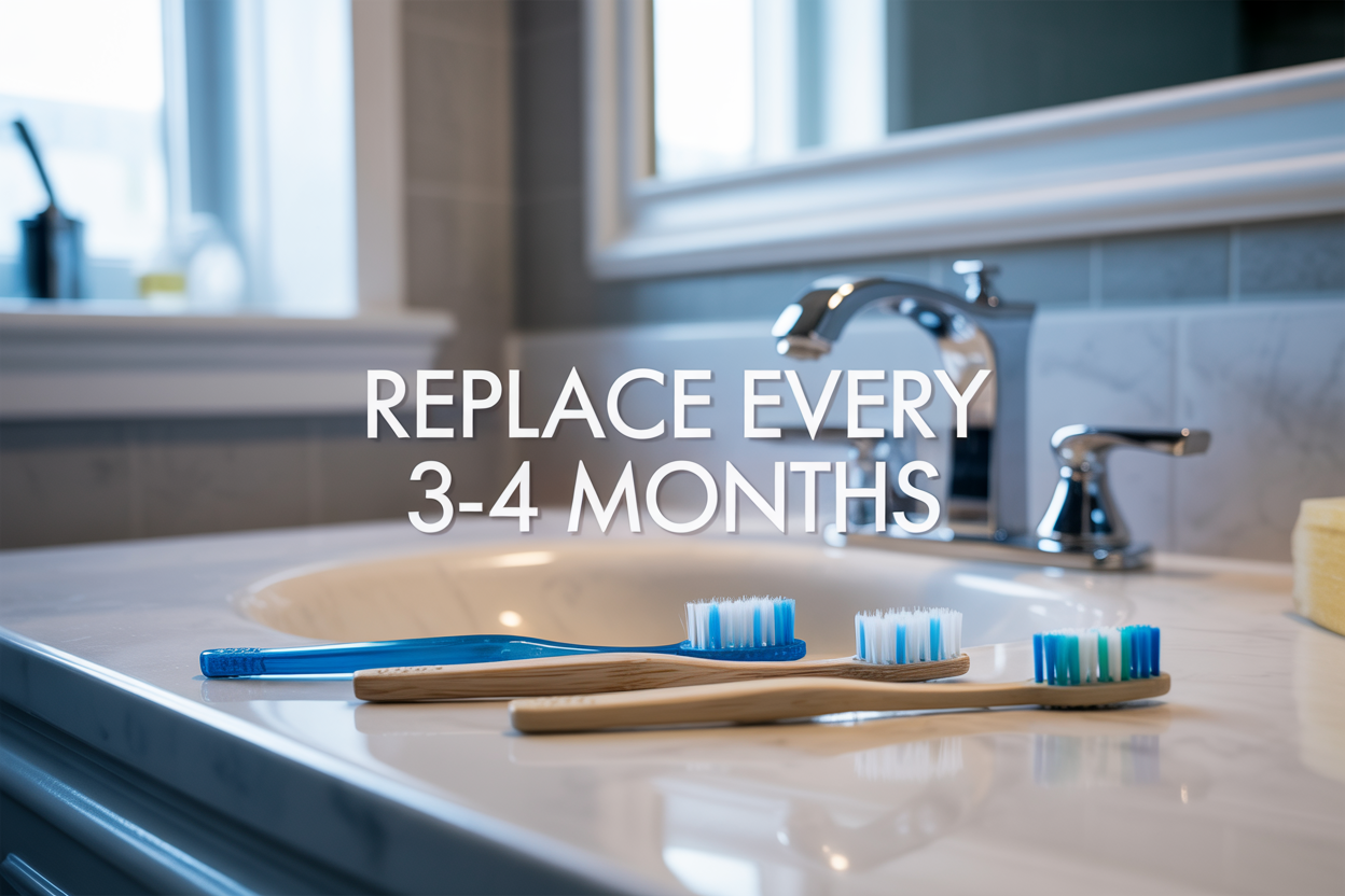Create a realistic image of a clean bathroom counter with three toothbrushes in different stages of wear - one new toothbrush with straight bristles, one moderately used toothbrush with slightly bent bristles, and one old toothbrush with severely frayed and splayed bristles, arranged side by side on a white marble countertop next to a modern bathroom sink, with soft natural lighting from a window creating gentle shadows, and the text "Replace Every 3-4 Months" prominently displayed in clean, modern typography overlaid on the image.