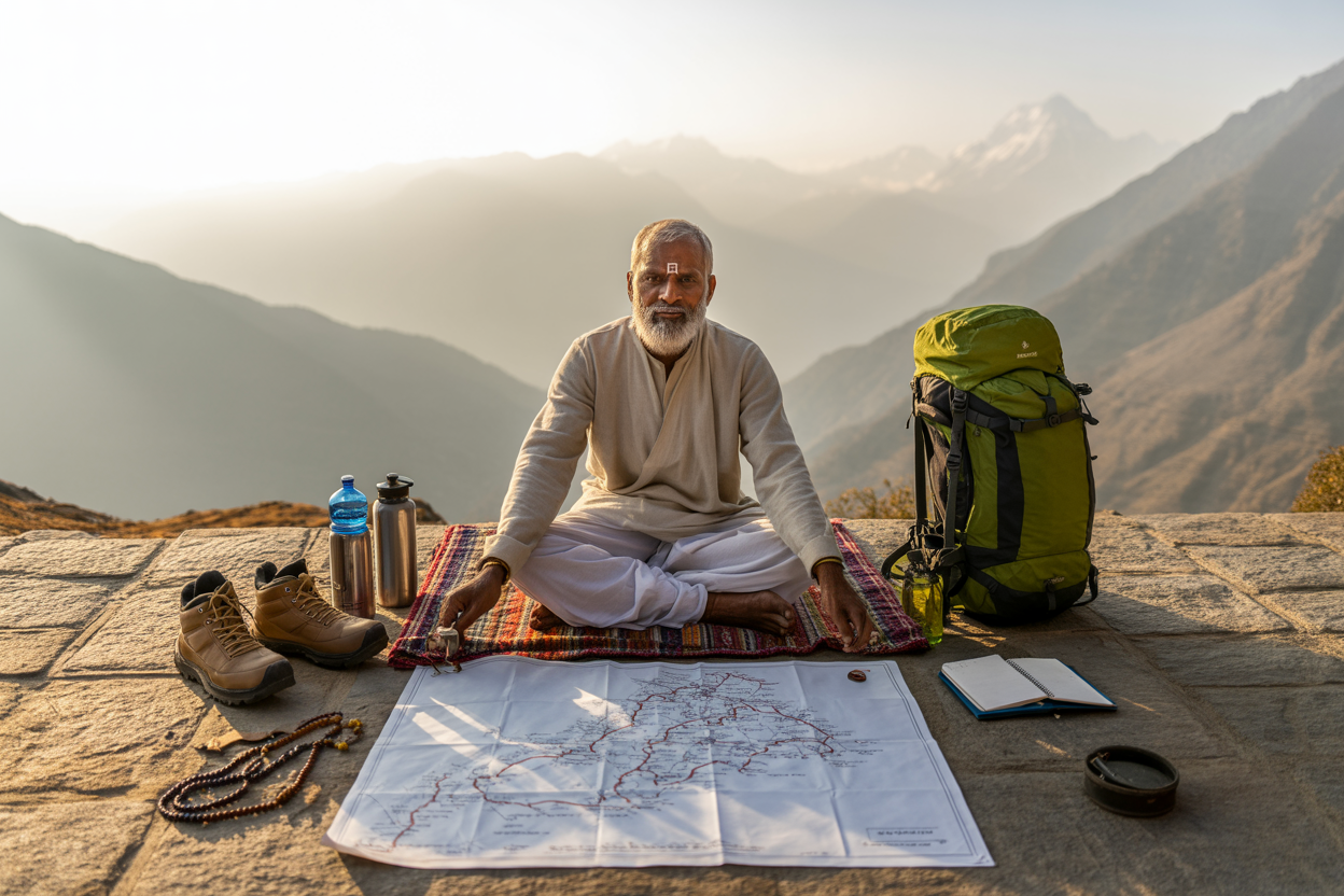 Create a realistic image of an Indian male pilgrim sitting cross-legged on a prayer mat, carefully studying a detailed map of the Char Dham pilgrimage route spread before him, with essential travel items like a backpack, water bottle, hiking boots, prayer beads, and a small notebook arranged around him, set against a serene mountain landscape background with distant Himalayan peaks visible, warm golden morning light illuminating the scene, absolutely NO text should be in the scene.