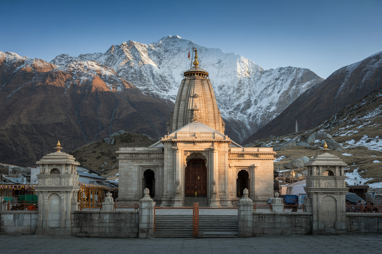 Create a realistic image of the majestic Kedarnath temple with its distinctive stone architecture and conical spire set against snow-capped Himalayan peaks, featuring ornate carved doorways and traditional temple gates in the foreground, with early morning golden sunlight illuminating the ancient structure, surrounded by rugged mountain terrain and patches of snow, creating a serene and spiritual atmosphere that conveys the anticipation of temple opening ceremonies, absolutely NO text should be in the scene.