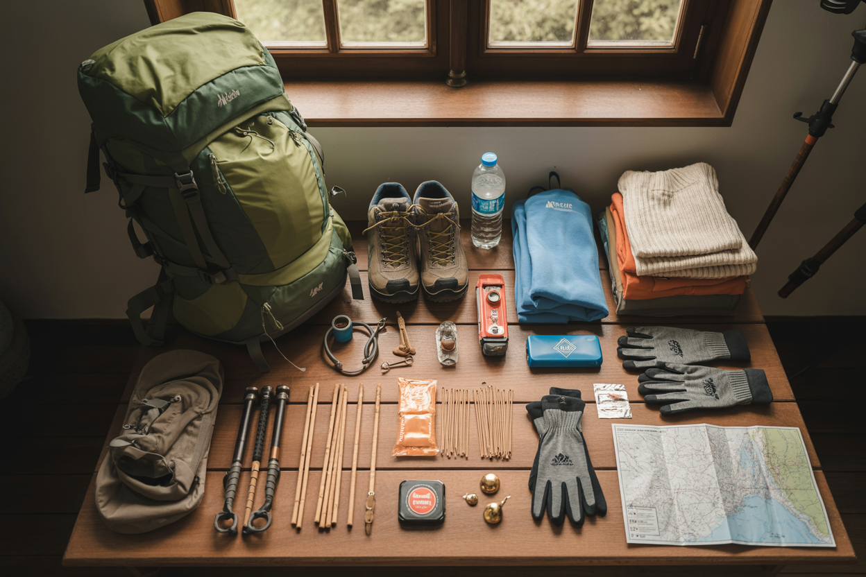 Create a realistic image of essential trekking gear and preparation items laid out neatly on a wooden surface, including a sturdy backpack, trekking shoes, warm clothing layers, water bottles, first aid kit, flashlight, prayer items like incense sticks and small bells, energy bars, woolen cap, gloves, walking stick, and a map, with soft natural lighting from a window creating a warm preparation atmosphere for a mountain pilgrimage journey, absolutely NO text should be in the scene.