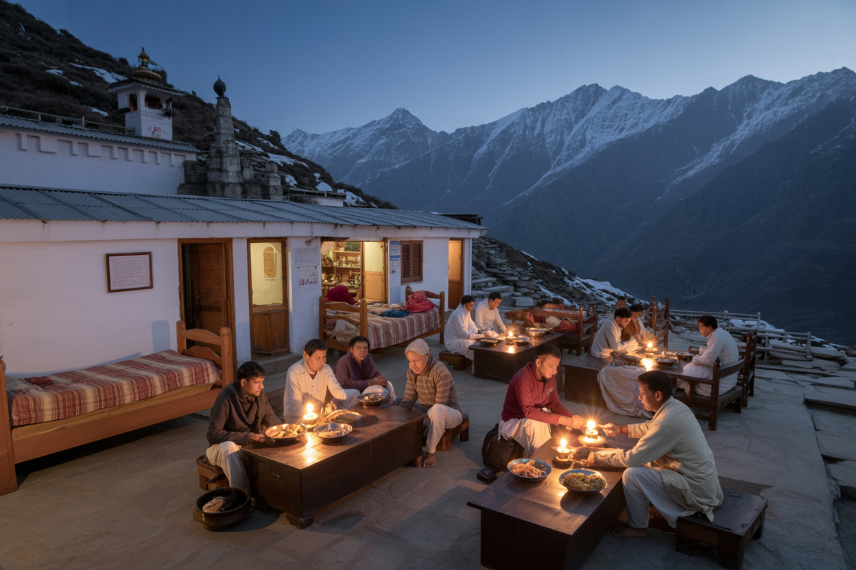 Create a realistic image of a scenic mountain landscape showing multiple transportation routes to Kedarnath temple, featuring a winding mountain road with buses and cars, helicopter landing pad with a helicopter, walking pilgrims on trekking paths, ponies carrying supplies, and distant snow-capped Himalayan peaks under clear blue sky, with lush green valleys and rocky terrain typical of Uttarakhand's mountainous region, absolutely NO text should be in the scene.