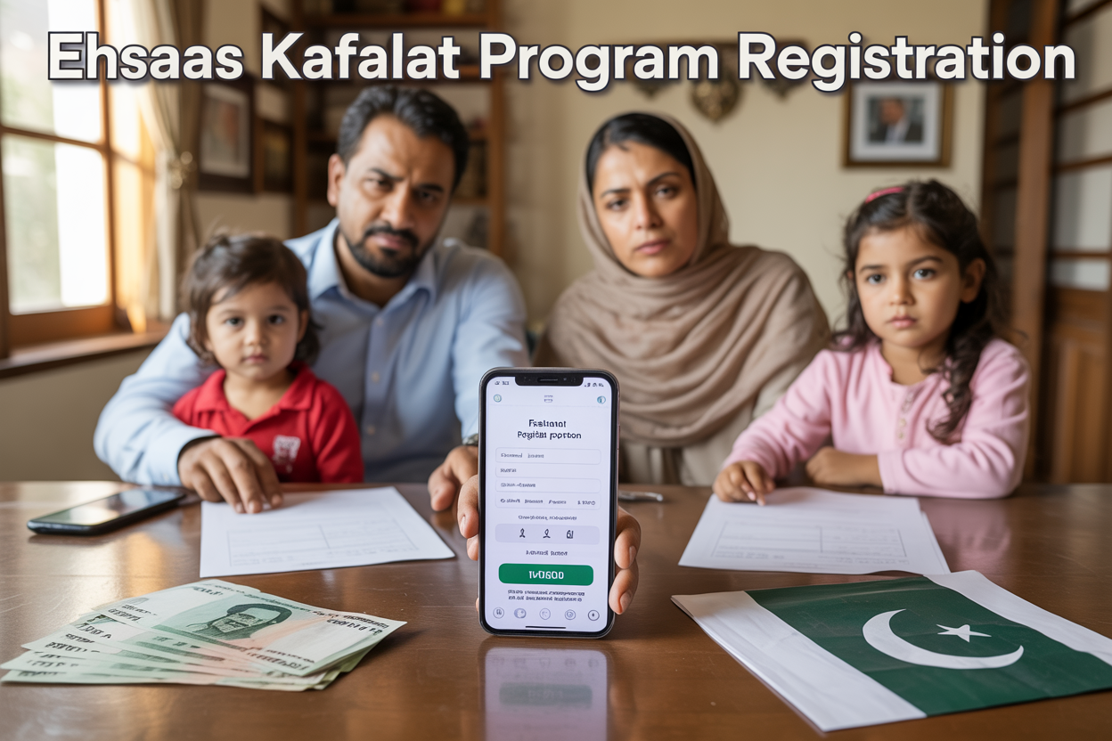 Create a realistic image of a Pakistani family consisting of a middle-aged South Asian male and female with two children sitting at a wooden table with official documents, application forms, and a smartphone displaying a government registration portal, with Pakistani rupee notes and a small Pakistani flag visible on the table, in a modest home interior with warm natural lighting from a window, and include the text "Ehsaas Kafalat Program Registration" prominently displayed at the top of the image in both English and Urdu script.