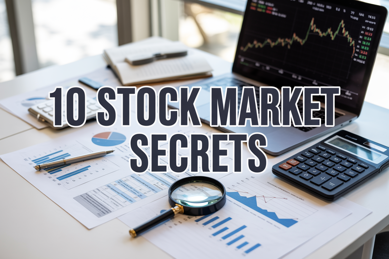 Create a realistic image of a clean, modern desk setup with financial documents, charts, and graphs spread out, a laptop displaying stock market data, a calculator, and a magnifying glass examining financial statements, with the text "10 Stock Market Secrets" prominently displayed in bold, professional font overlay, shot from above with soft natural lighting creating a focused, educational atmosphere that conveys expertise and careful analysis.
