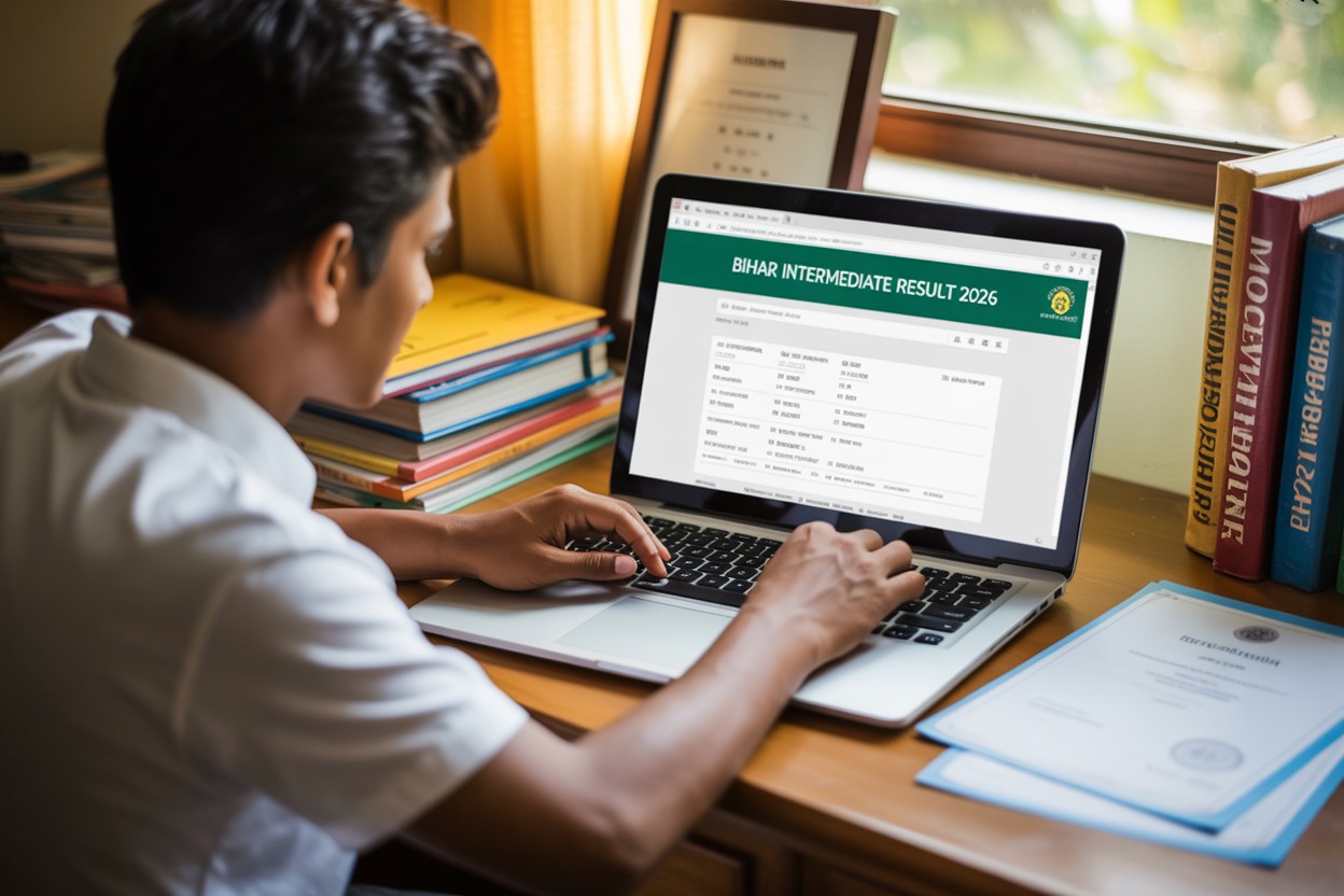 Create a realistic image of an Indian male student sitting at a wooden desk with a laptop computer displaying the Bihar Board official website result page, surrounded by educational materials including textbooks and certificates, with a bright and hopeful atmosphere featuring warm natural lighting from a window, and include the text "Bihar Intermediate Result 2026" prominently displayed on the laptop screen.